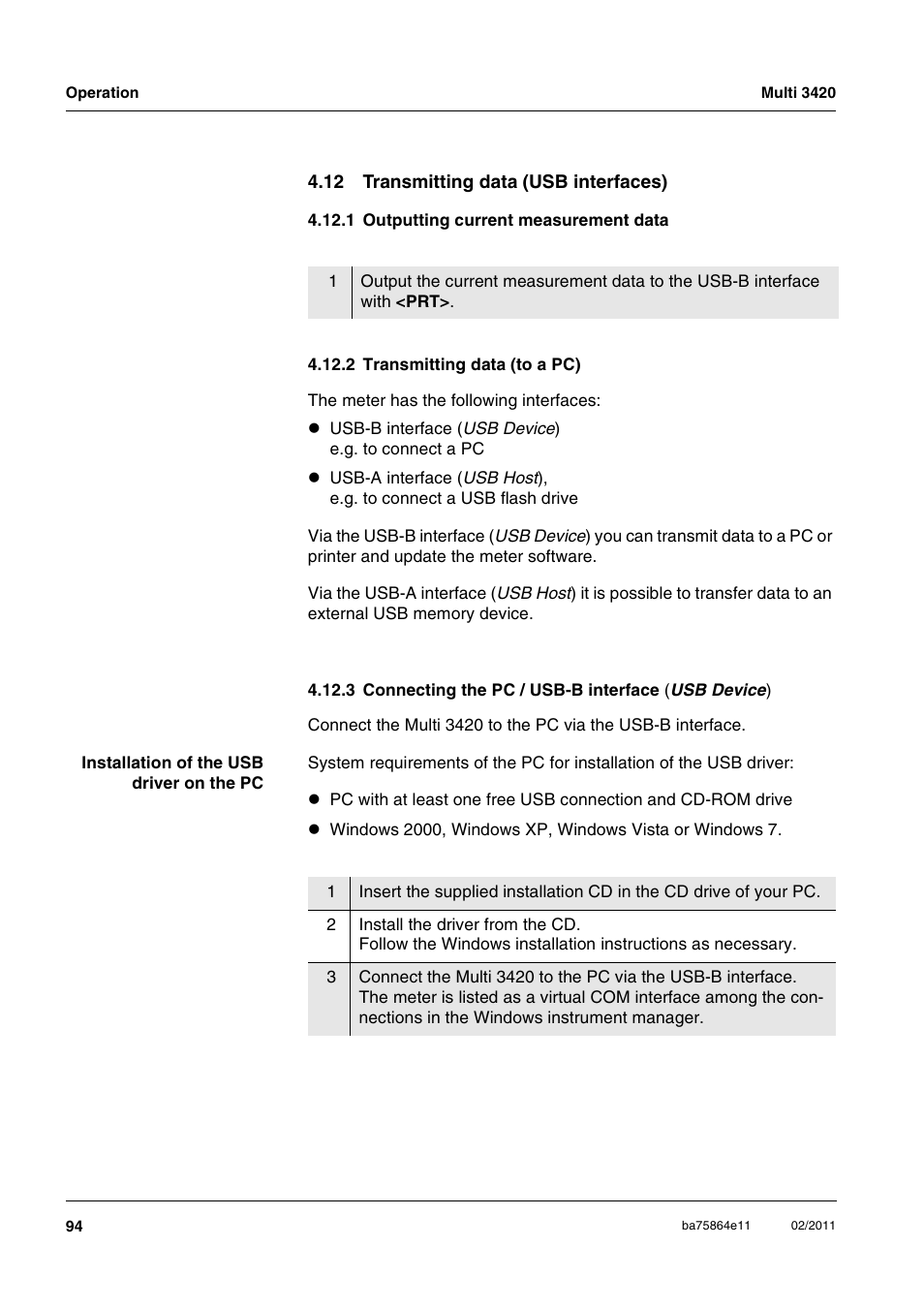 12 transmitting data (usb interfaces), 1 outputting current measurement data, 2 transmitting data (to a pc) | 3 connecting the pc / usb-b interface (usb device), E section 4.12 | Xylem Multi 3420 User Manual | Page 94 / 118