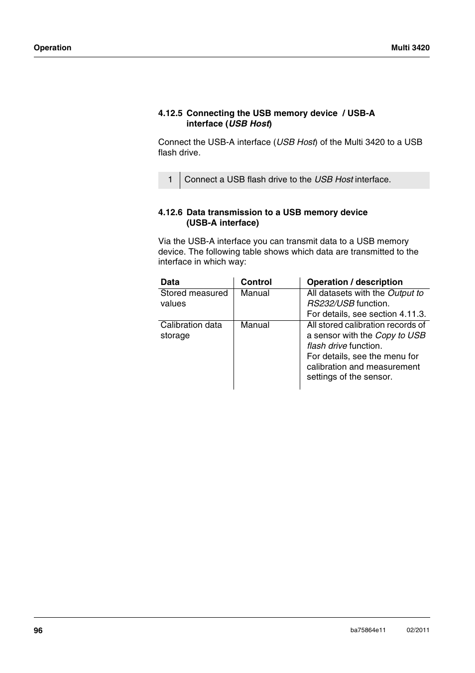 5 connecting the usb memory device / usb-a, Interface ( us, 6 data transmission to a usb memory device | Usb-a interface) | Xylem Multi 3420 User Manual | Page 96 / 118