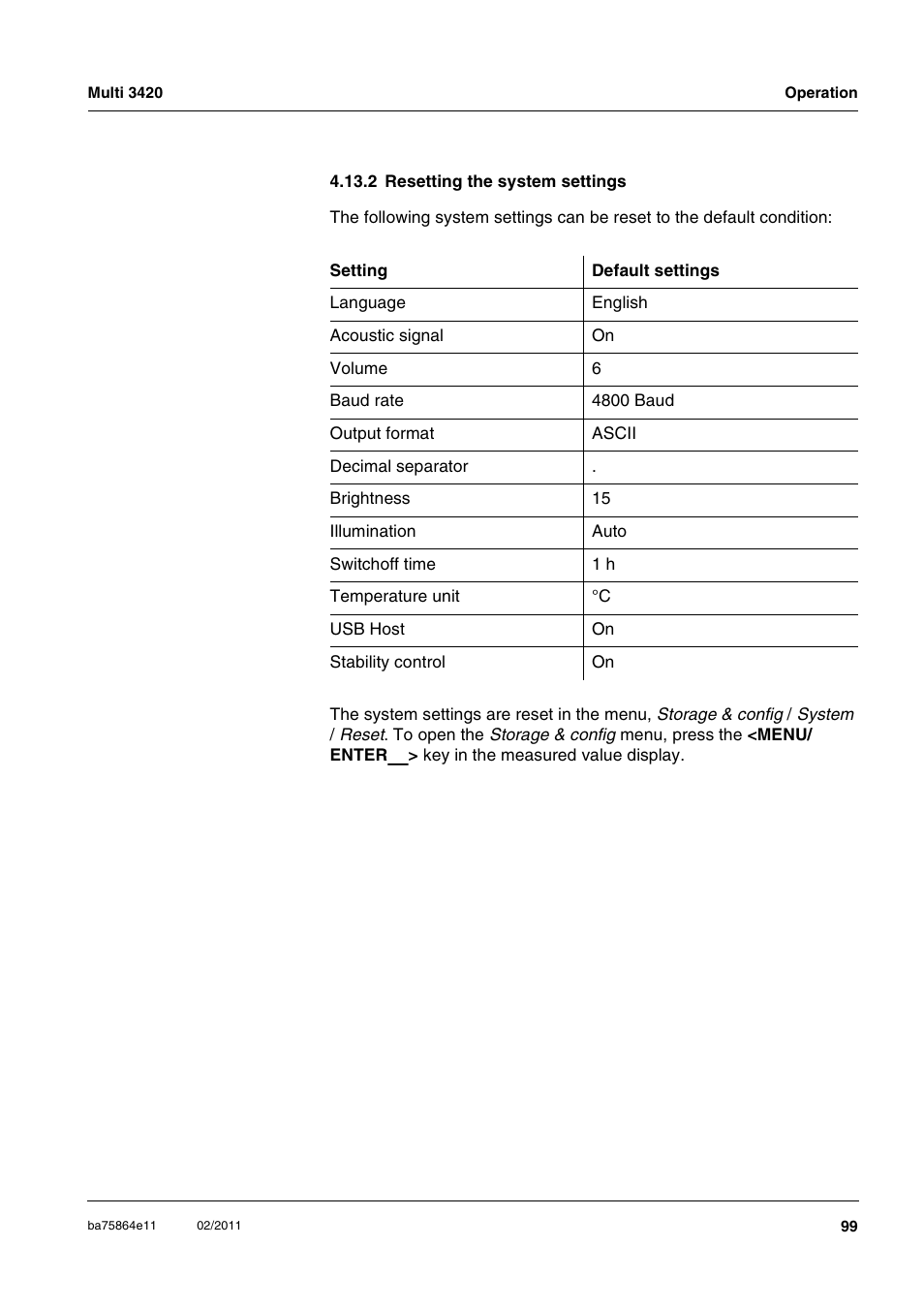 2 resetting the system settings, E section 4.13.2 | Xylem Multi 3420 User Manual | Page 99 / 118