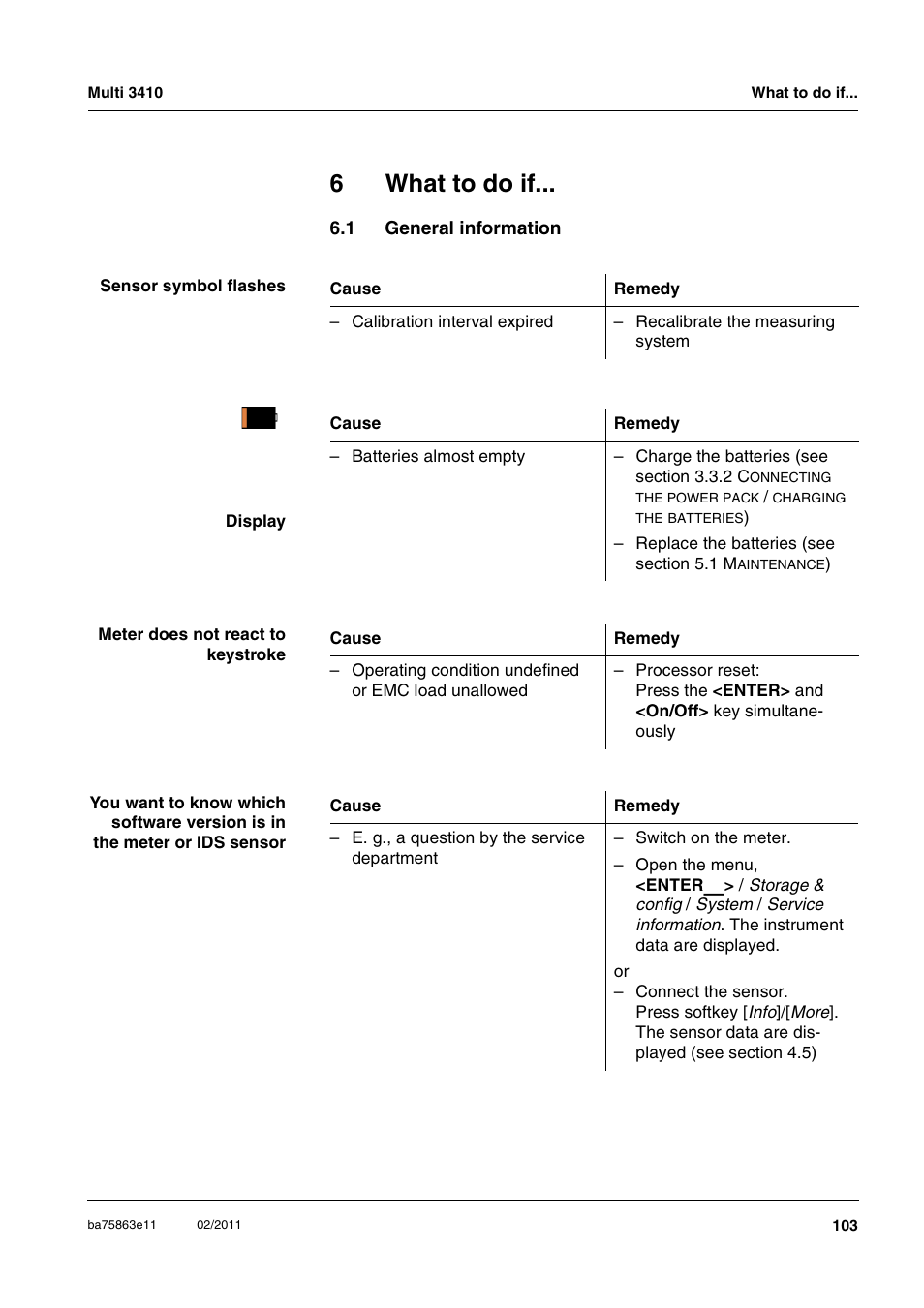 6 what to do if, 1 general information, What to do if | General information, Ng to chapter 6 w, Chapter 6 w, 6what to do if | Xylem Multi 3410 User Manual | Page 103 / 118