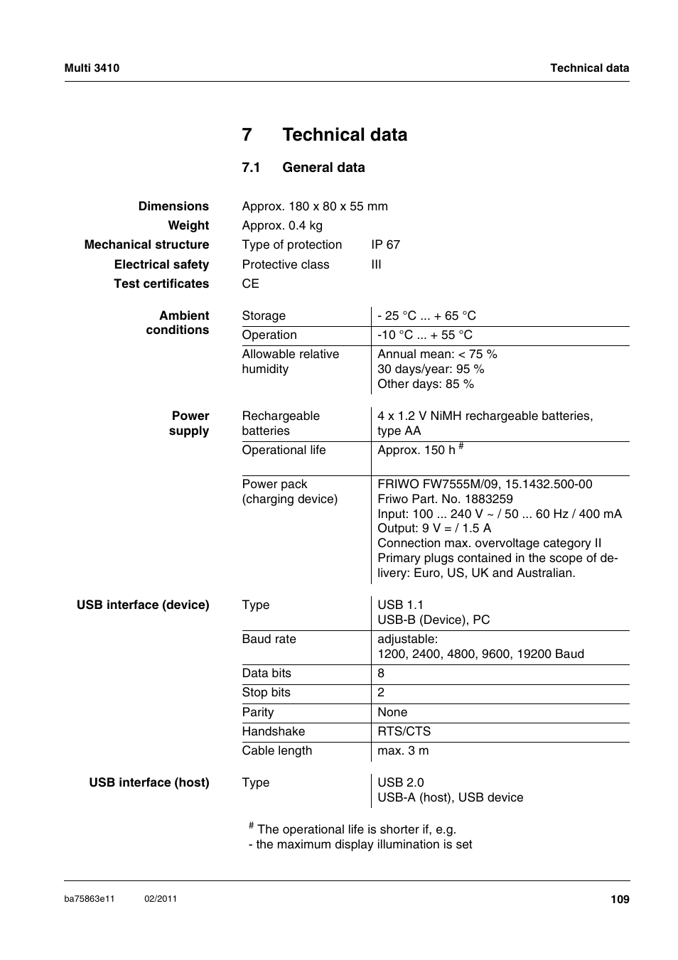 7 technical data, 1 general data, Technical data | General data, Chapter 7 t, Echnical, Data, 7technical data | Xylem Multi 3410 User Manual | Page 109 / 118