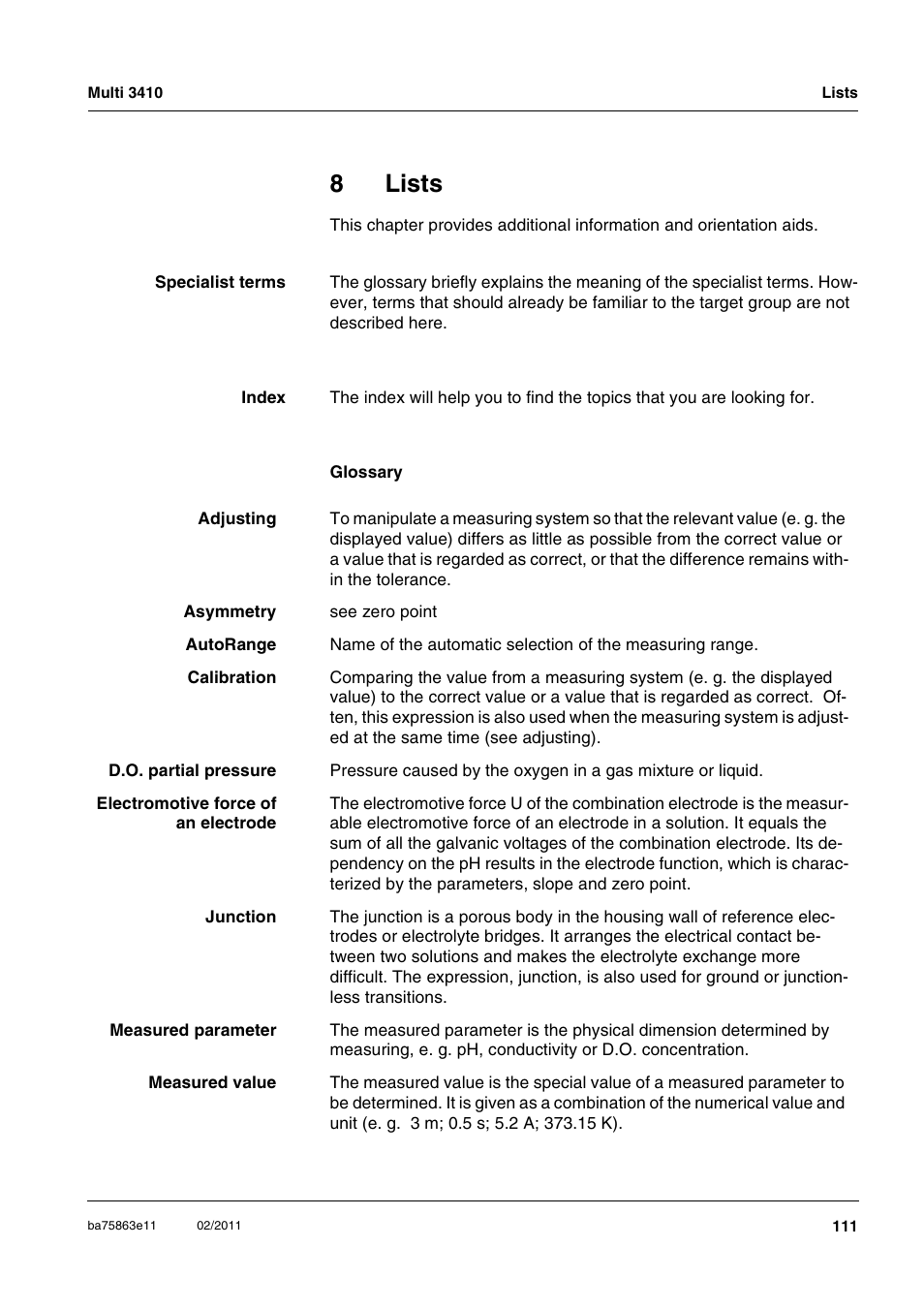 8 lists, Lists, 8lists | Xylem Multi 3410 User Manual | Page 111 / 118