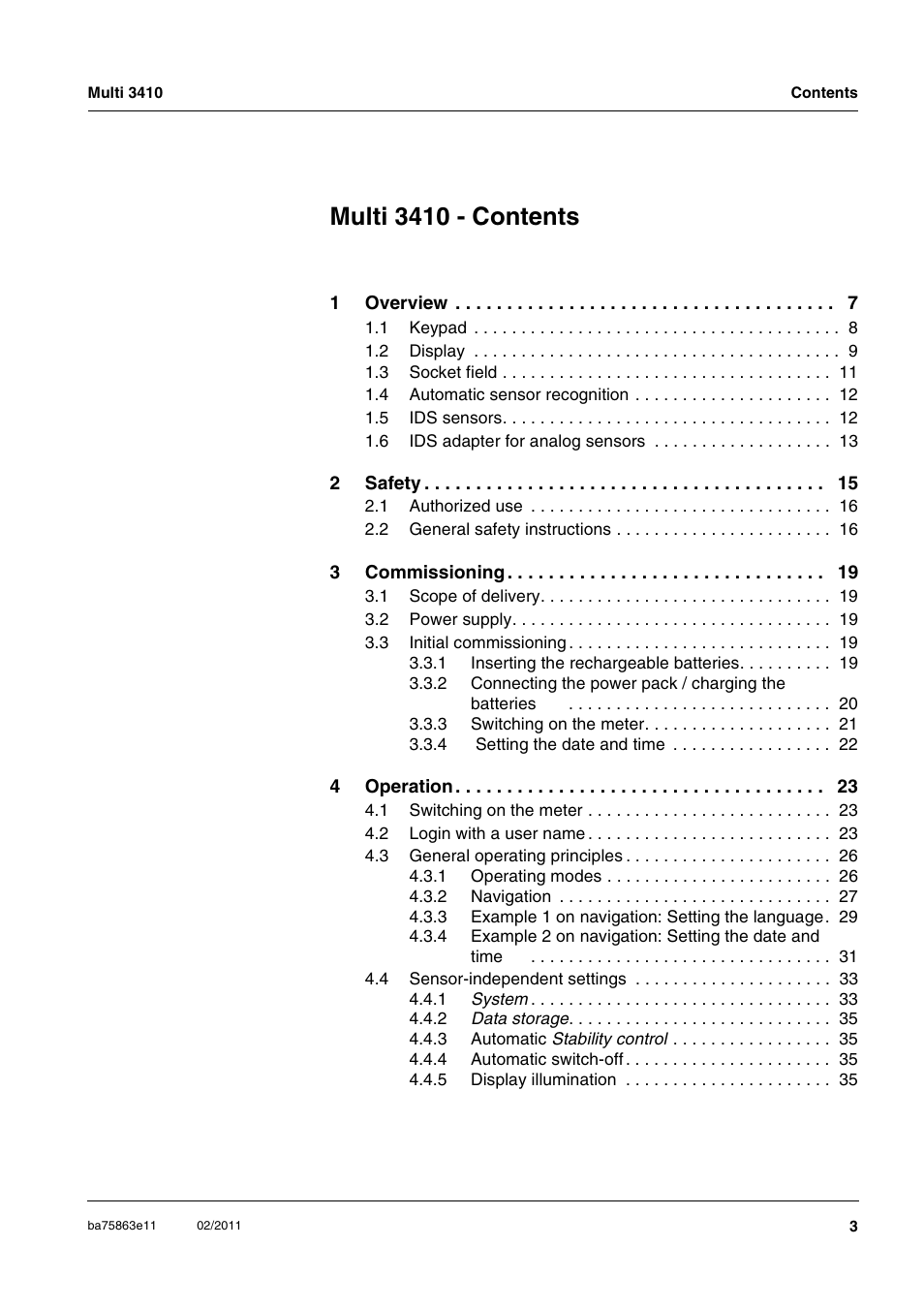 Multi 3410 - contents | Xylem Multi 3410 User Manual | Page 3 / 118