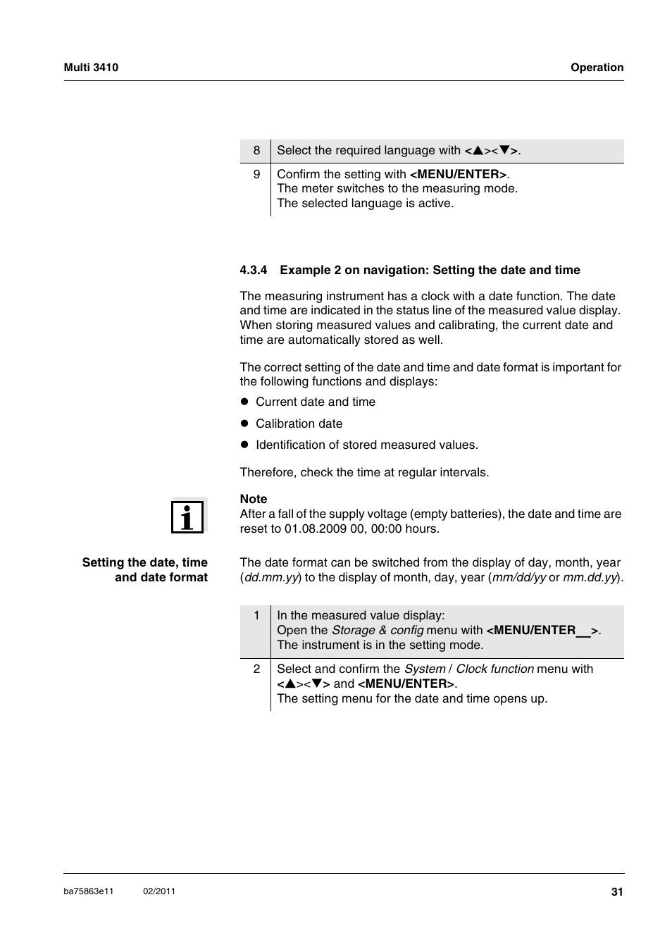 Example 2 on navigation: setting the date and time | Xylem Multi 3410 User Manual | Page 31 / 118