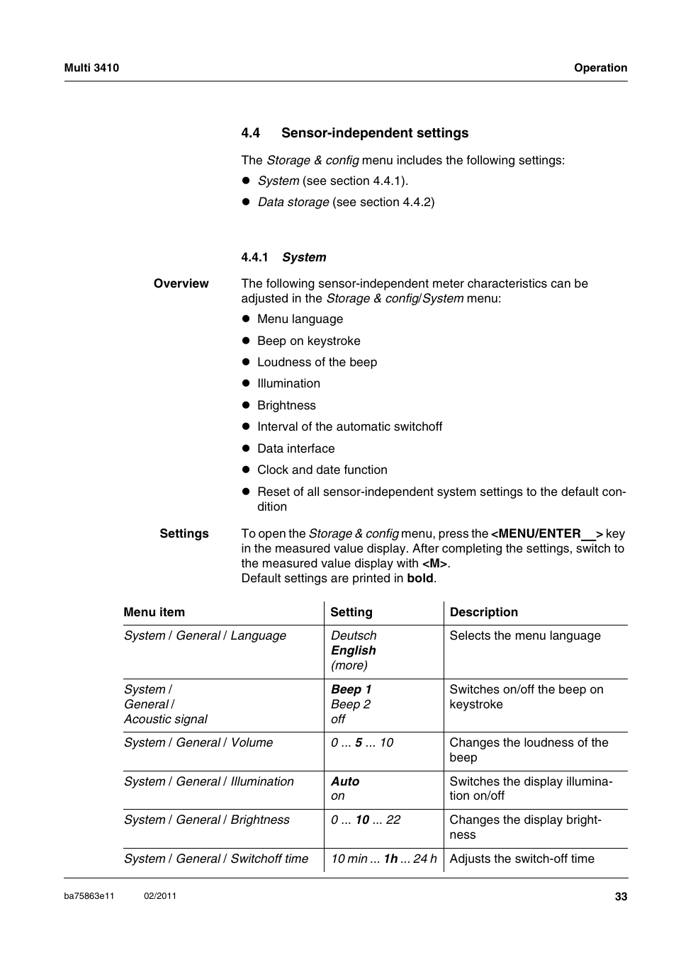 4 sensor-independent settings, 1 system, Sensor-independent settings 4.4.1 | Xylem Multi 3410 User Manual | Page 33 / 118