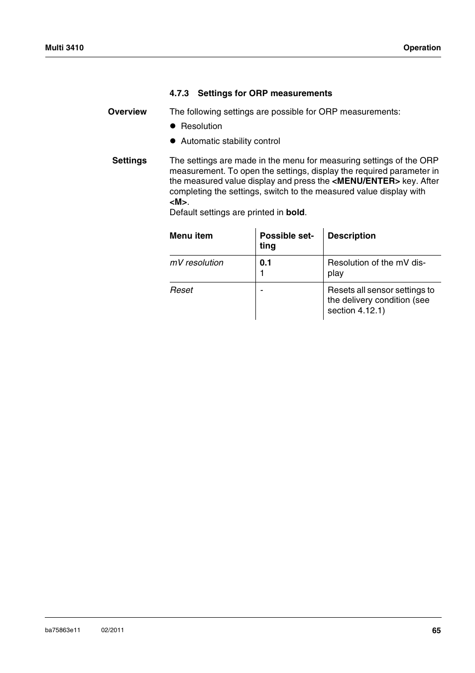 3 settings for orp measurements, Settings for orp measurements | Xylem Multi 3410 User Manual | Page 65 / 118