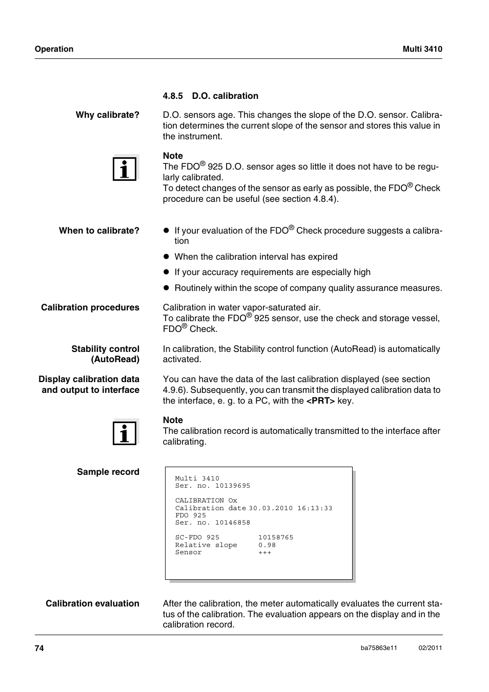 5 d.o. calibration, D.o. calibration | Xylem Multi 3410 User Manual | Page 74 / 118