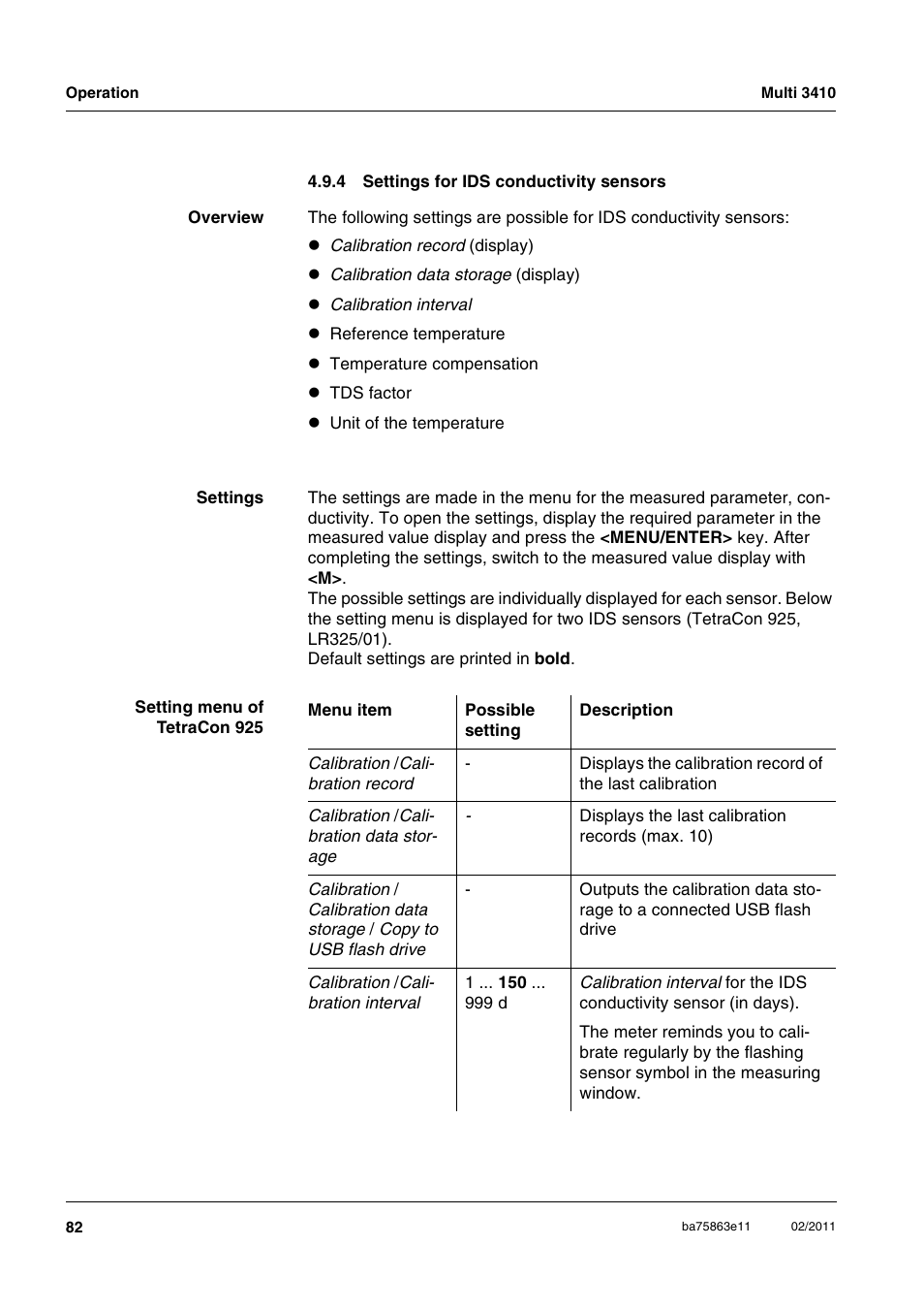 4 settings for ids conductivity sensors, Settings for ids conductivity sensors | Xylem Multi 3410 User Manual | Page 82 / 118