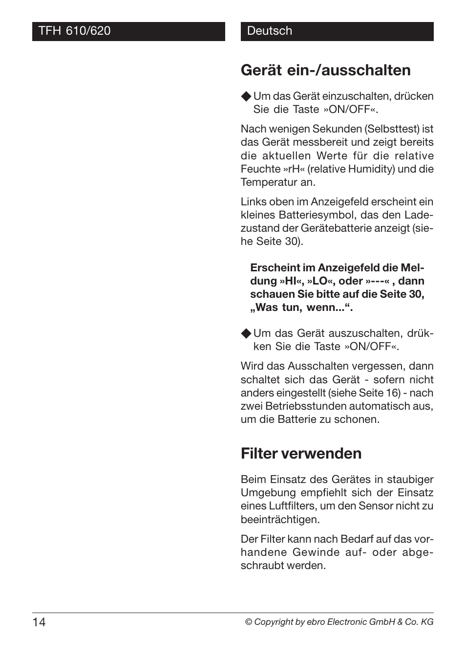 Gerät ein-/ausschalten, Filter verwenden | Xylem TFH 610/620 Handheld Hygro Thermometers User Manual | Page 14 / 56