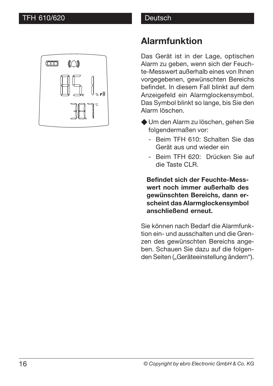 Alarmfunktion | Xylem TFH 610/620 Handheld Hygro Thermometers User Manual | Page 16 / 56