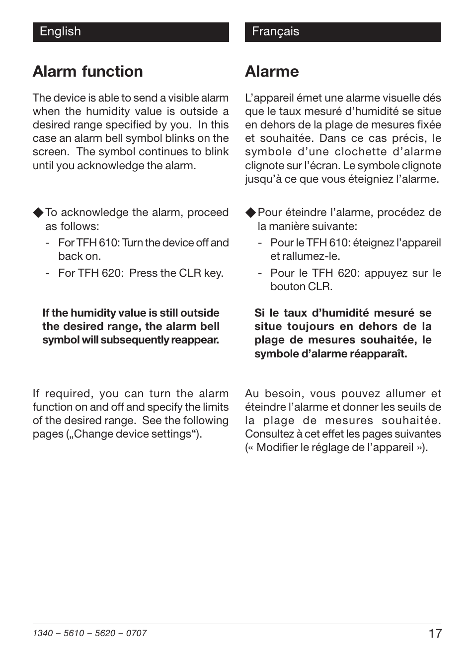 Alarm function, Alarme | Xylem TFH 610/620 Handheld Hygro Thermometers User Manual | Page 17 / 56