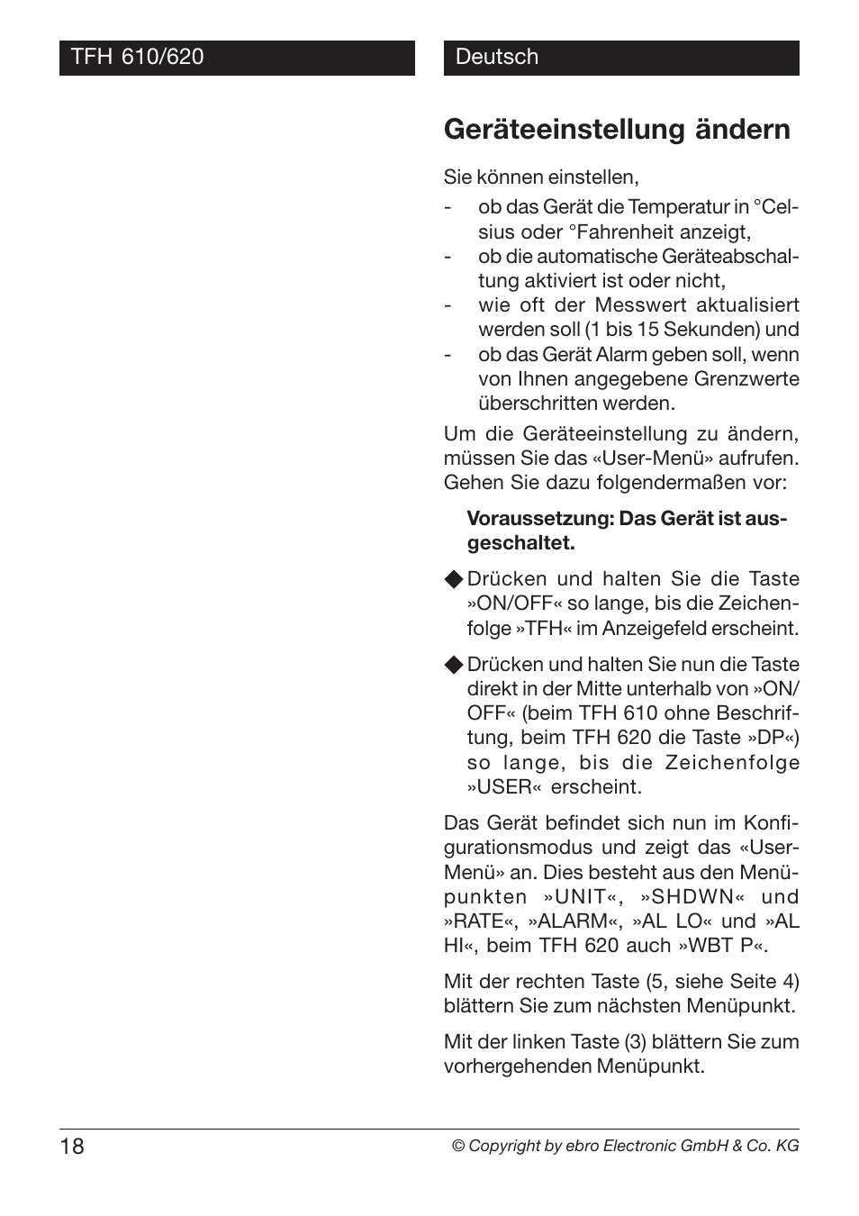 Geräteeinstellung ändern | Xylem TFH 610/620 Handheld Hygro Thermometers User Manual | Page 18 / 56