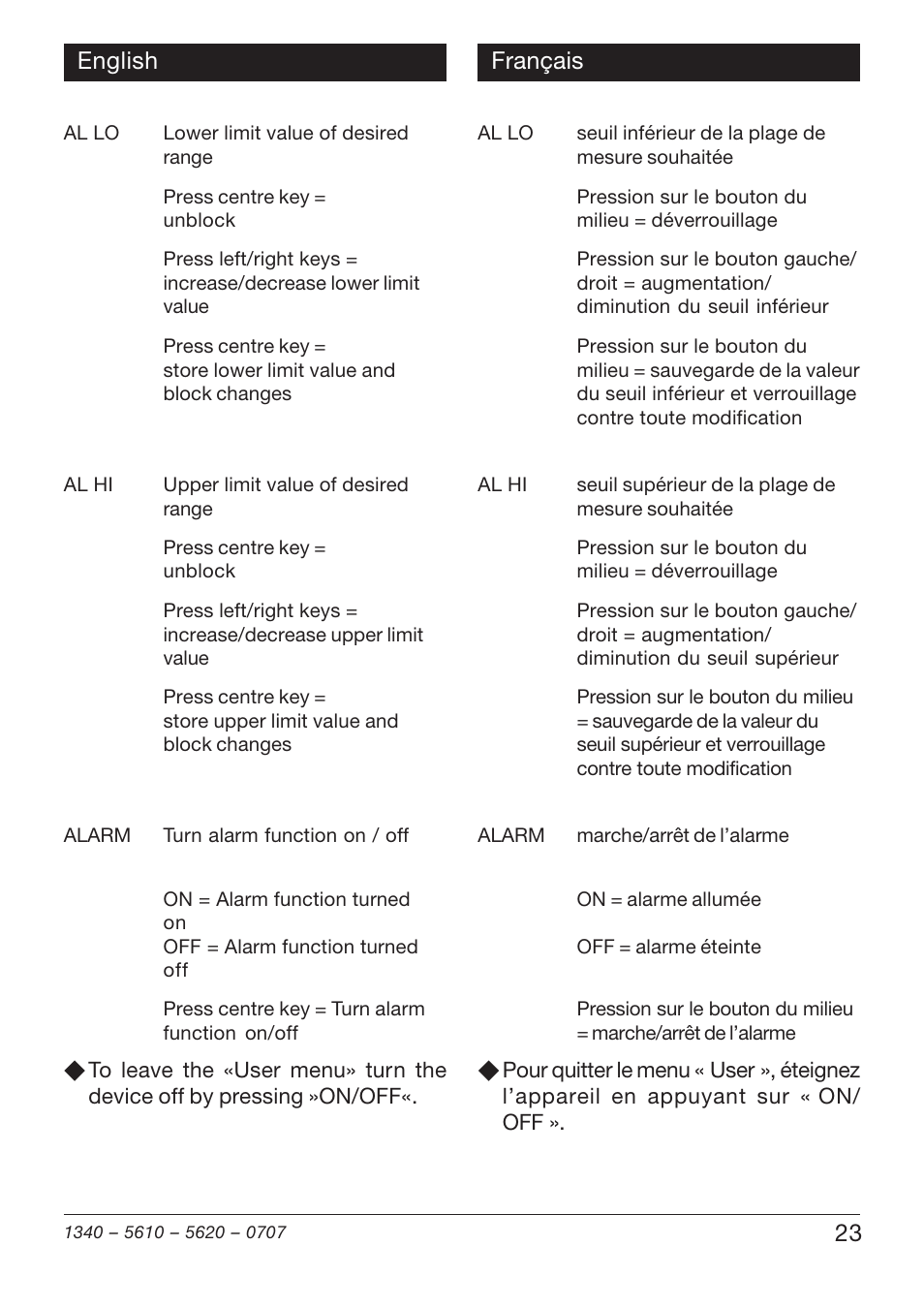 23 english français | Xylem TFH 610/620 Handheld Hygro Thermometers User Manual | Page 23 / 56