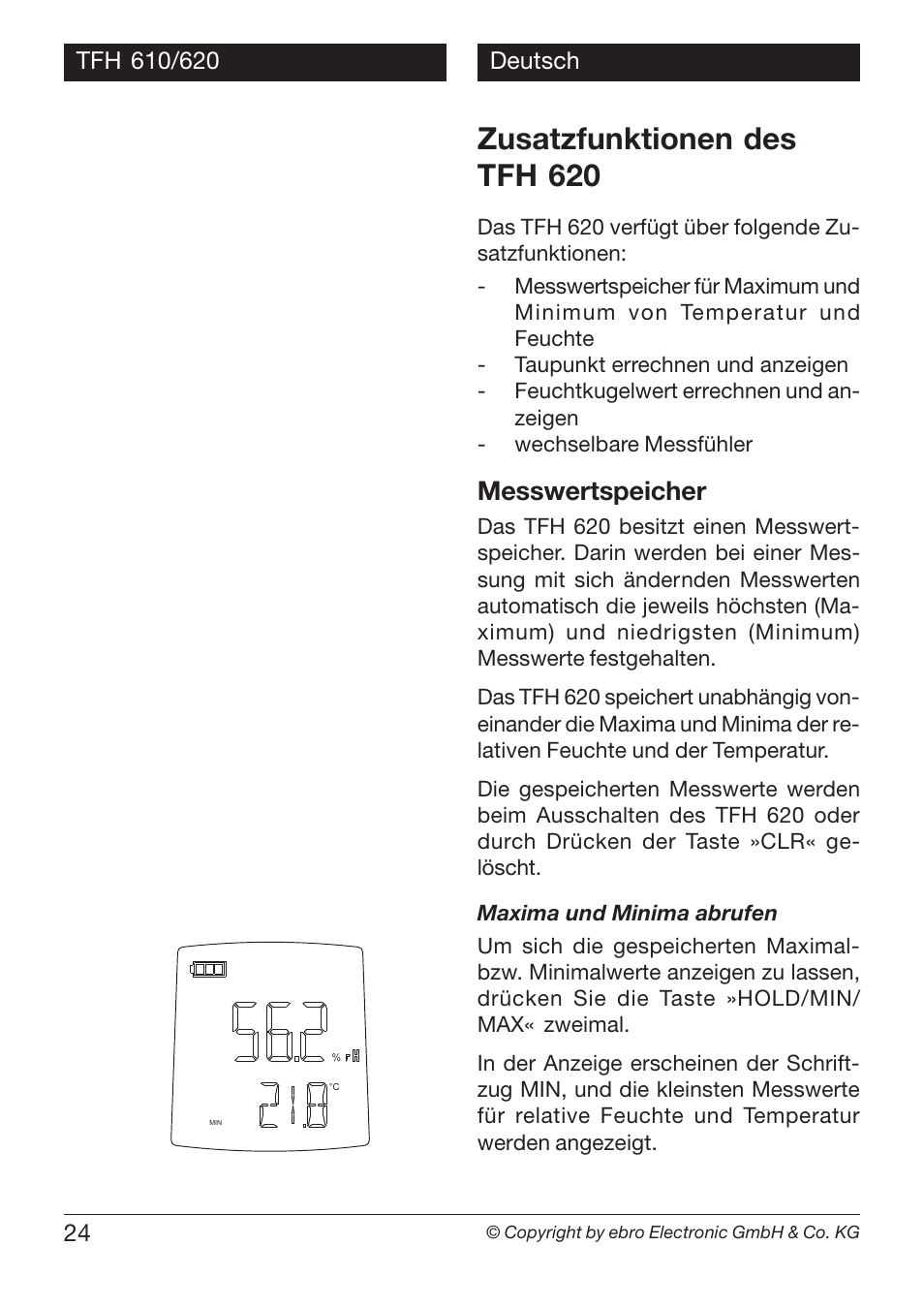 Zusatzfunktionen des tfh 620, Messwertspeicher | Xylem TFH 610/620 Handheld Hygro Thermometers User Manual | Page 24 / 56