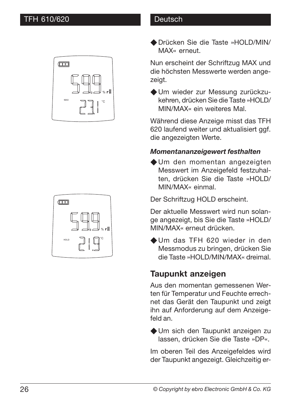 Taupunkt anzeigen | Xylem TFH 610/620 Handheld Hygro Thermometers User Manual | Page 26 / 56