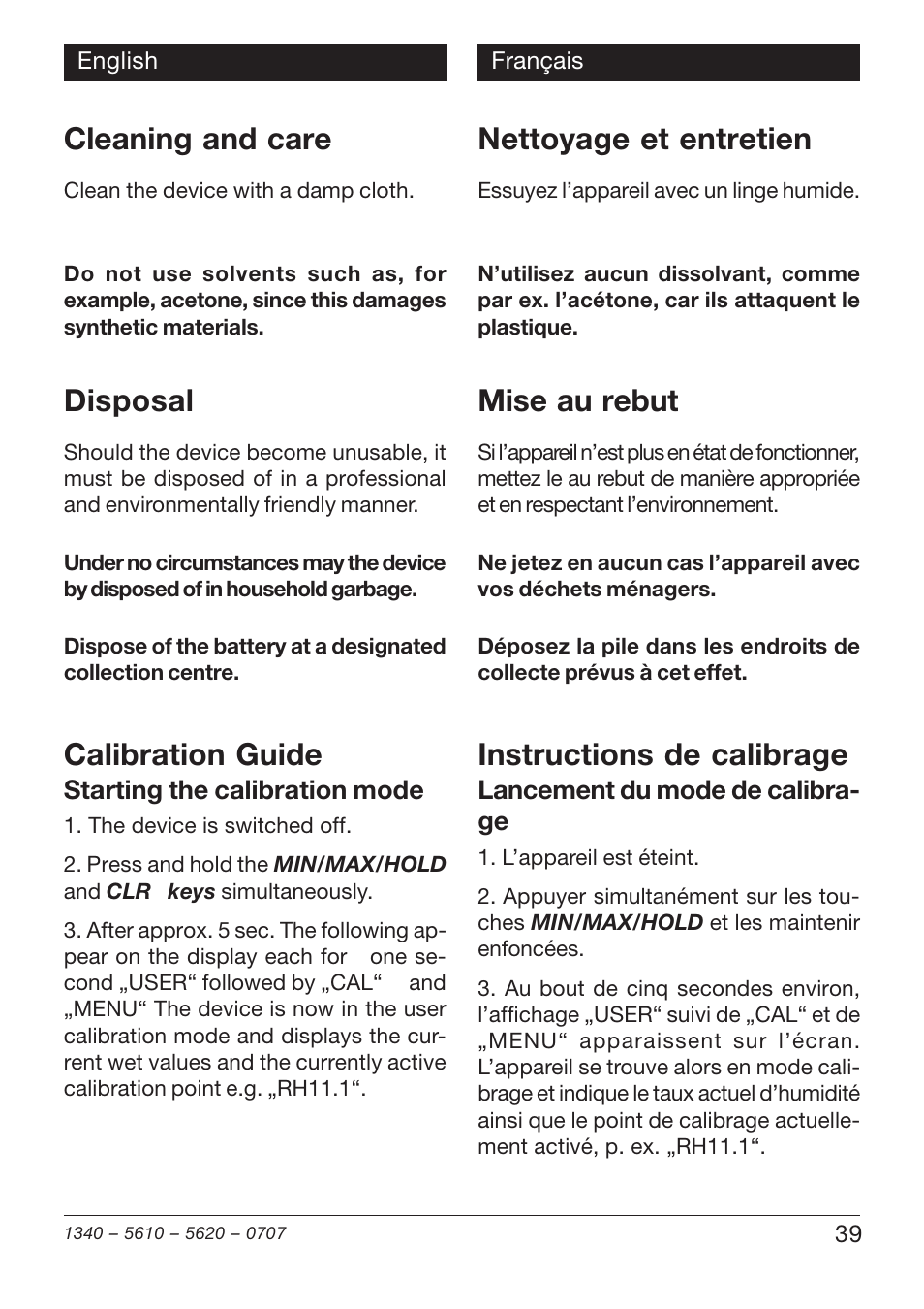 Cleaning and care, Disposal, Nettoyage et entretien | Mise au rebut, Calibration guide, Instructions de calibrage | Xylem TFH 610/620 Handheld Hygro Thermometers User Manual | Page 39 / 56