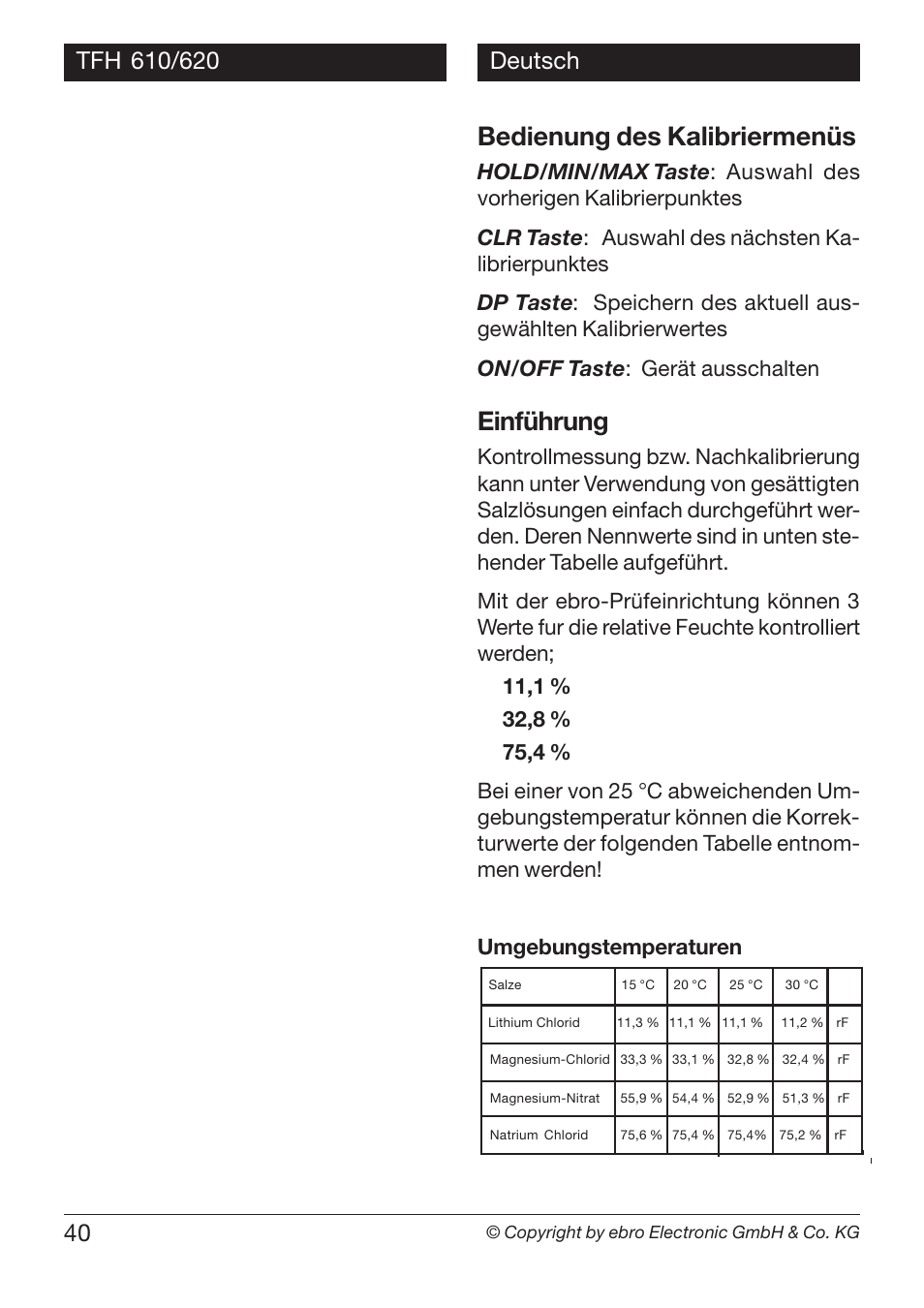 Bedienung des kalibriermenüs, Einführung | Xylem TFH 610/620 Handheld Hygro Thermometers User Manual | Page 40 / 56