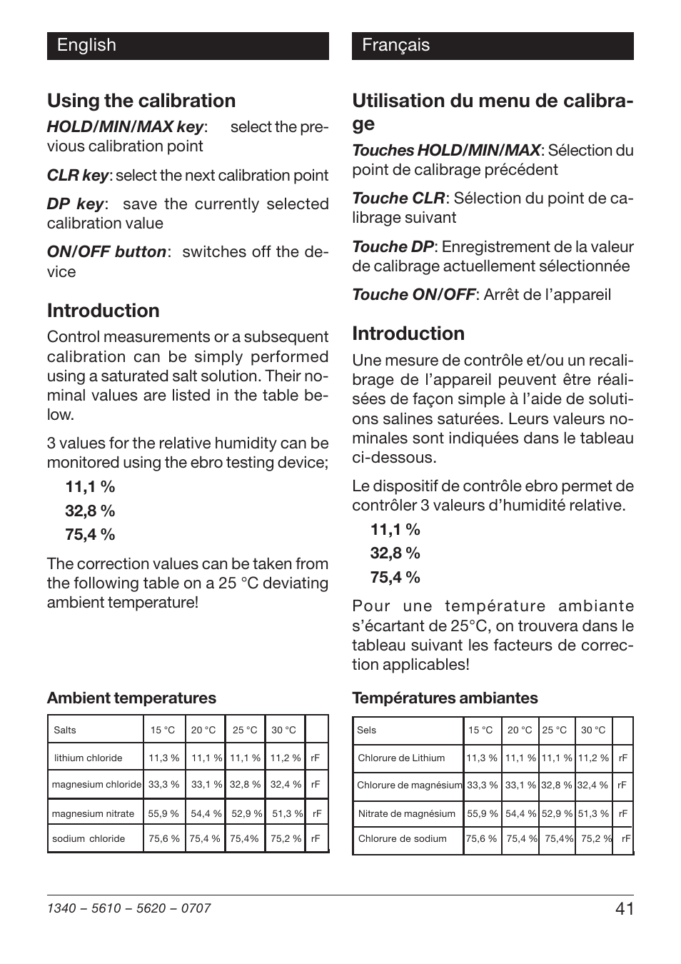 Using the calibration, Introduction, Utilisation du menu de calibra- ge | 41 english français | Xylem TFH 610/620 Handheld Hygro Thermometers User Manual | Page 41 / 56