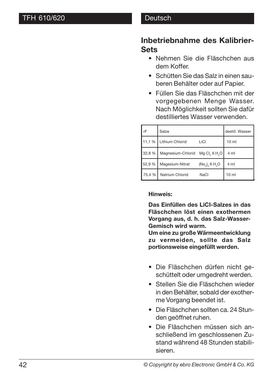 Inbetriebnahme des kalibrier- sets | Xylem TFH 610/620 Handheld Hygro Thermometers User Manual | Page 42 / 56