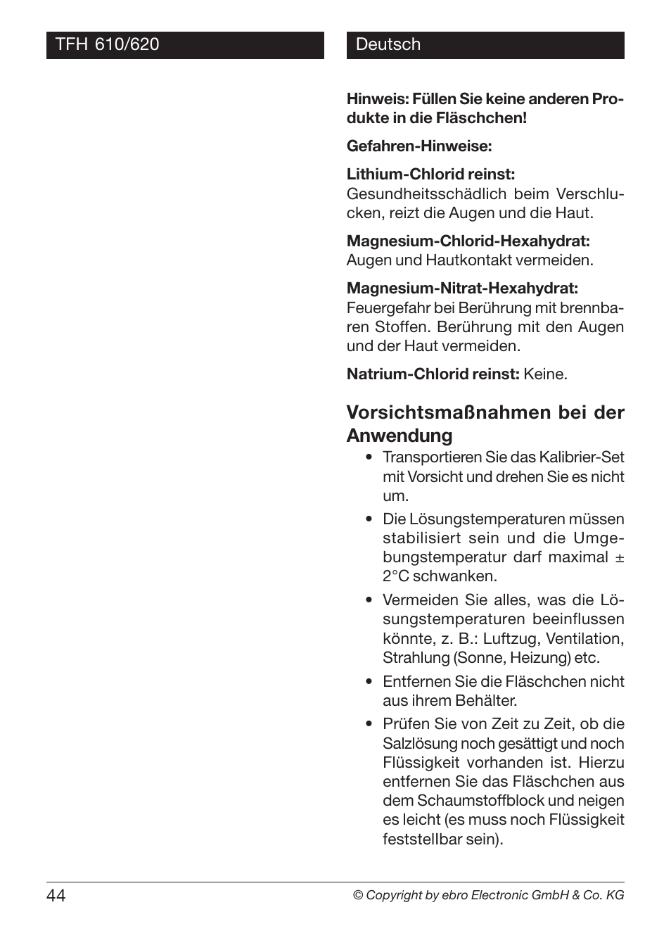 Vorsichtsmaßnahmen bei der anwendung | Xylem TFH 610/620 Handheld Hygro Thermometers User Manual | Page 44 / 56
