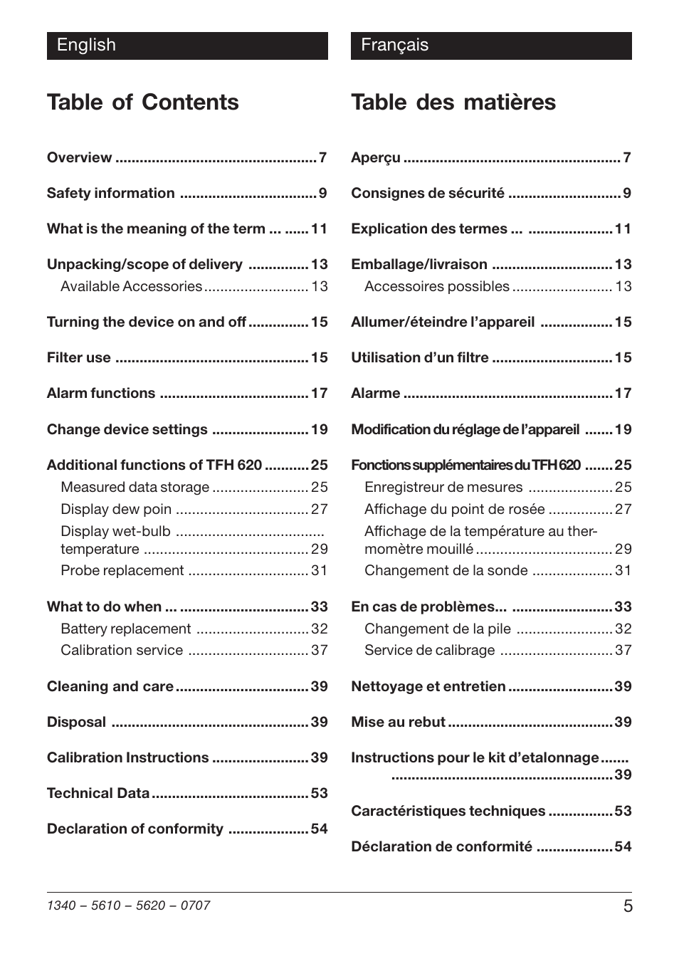 Xylem TFH 610/620 Handheld Hygro Thermometers User Manual | Page 5 / 56