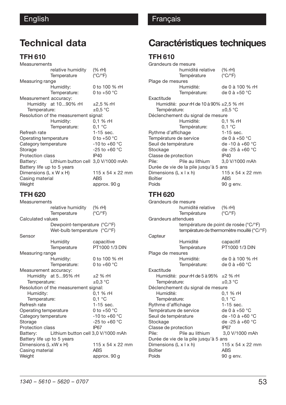 Technical data, Caractéristiques techniques, 53 english français | Tfh 610, Tfh 620 | Xylem TFH 610/620 Handheld Hygro Thermometers User Manual | Page 53 / 56