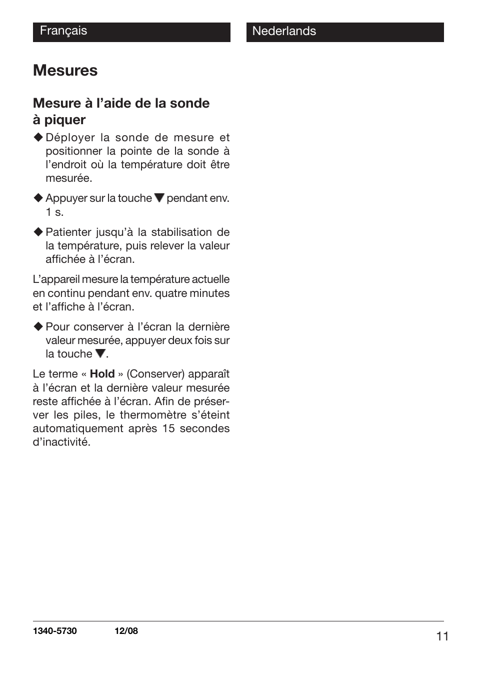 Mesures, Mesure à l’aide de la sonde à piquer | Xylem TLC 730 HANDHELD INFRARED THERMOMETERS User Manual | Page 11 / 44