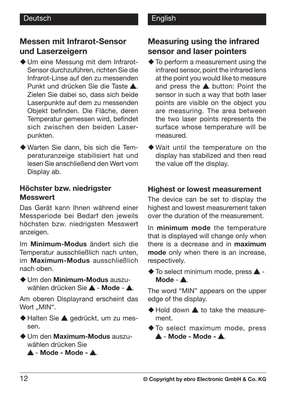 Messen mit infrarot-sensor und laserzeigern | Xylem TLC 730 HANDHELD INFRARED THERMOMETERS User Manual | Page 12 / 44