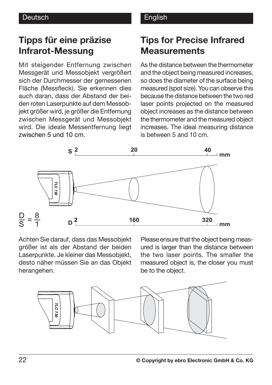 Tipps für eine präzise infrarot-messung, Tips for precise infrared measurements, D8 s 1 | Xylem TLC 730 HANDHELD INFRARED THERMOMETERS User Manual | Page 22 / 44