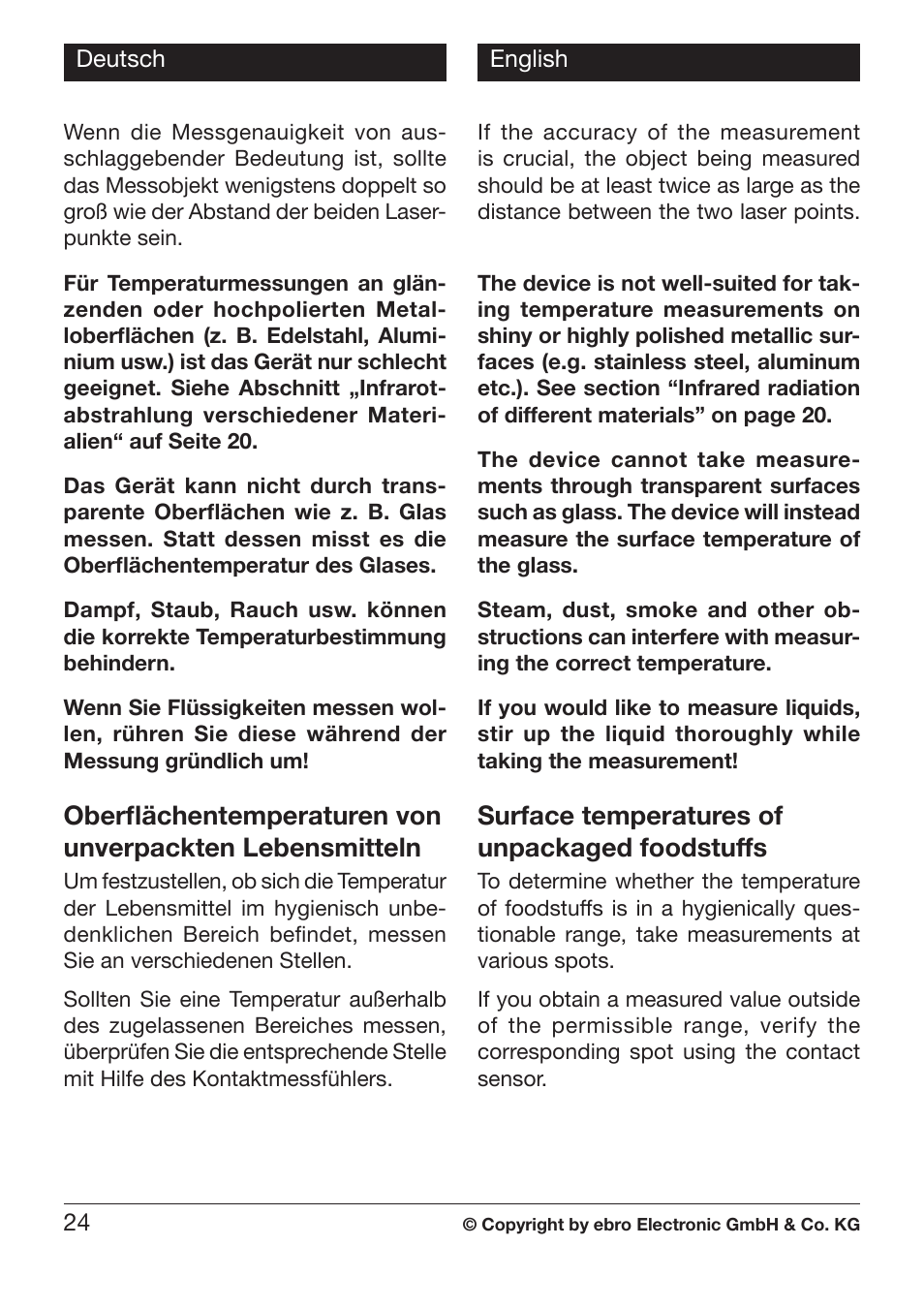 Surface temperatures of unpackaged foodstuffs | Xylem TLC 730 HANDHELD INFRARED THERMOMETERS User Manual | Page 24 / 44