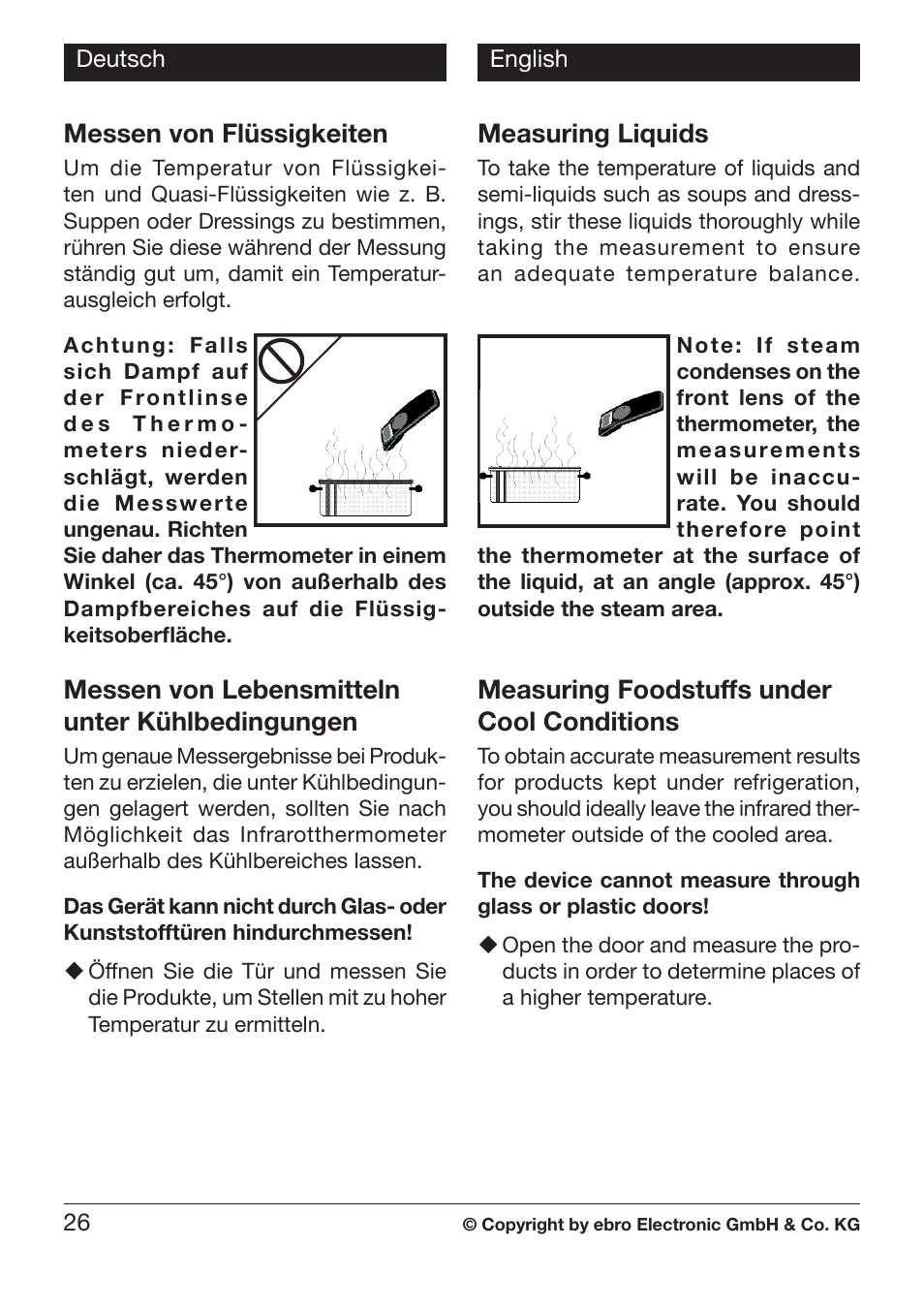 Messen von flüssigkeiten, Messen von lebensmitteln unter kühlbedingungen, Measuring liquids | Measuring foodstuffs under cool conditions | Xylem TLC 730 HANDHELD INFRARED THERMOMETERS User Manual | Page 26 / 44
