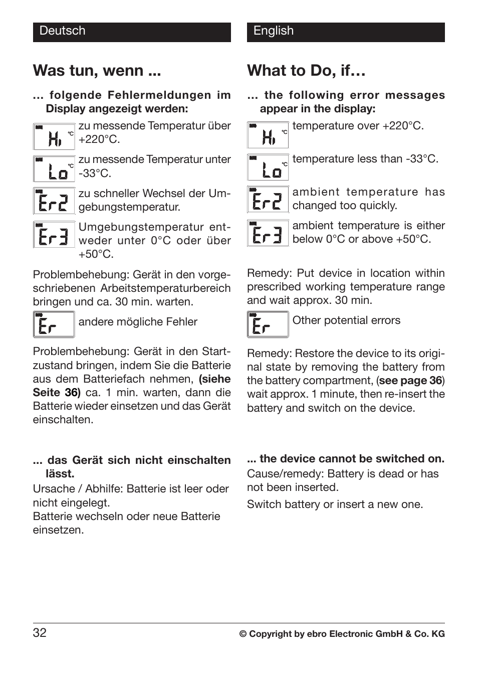 Was tun, wenn, What to do, if | Xylem TLC 730 HANDHELD INFRARED THERMOMETERS User Manual | Page 32 / 44