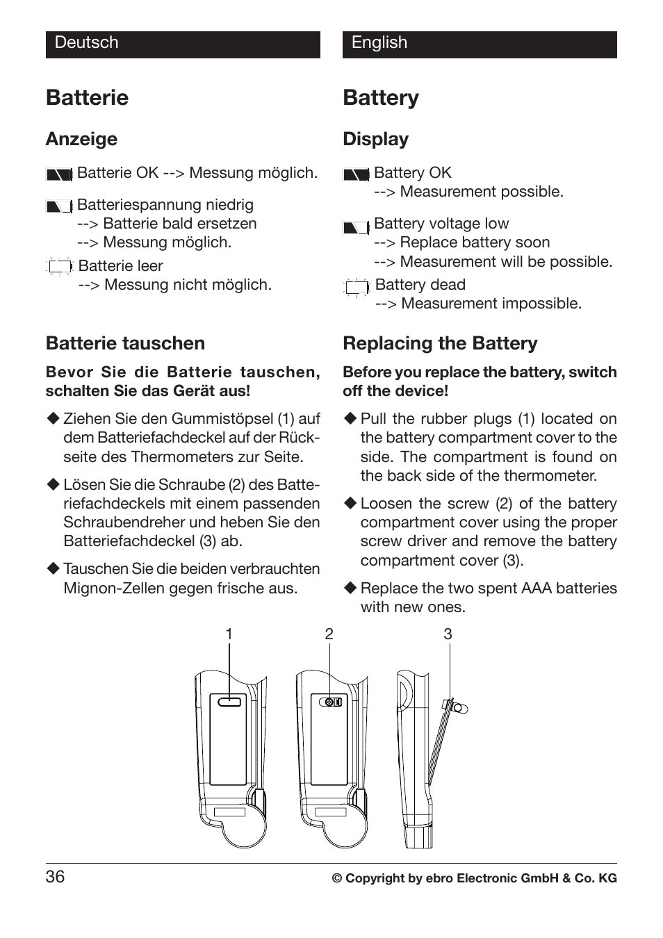 Batterie, Battery, Anzeige | Batterie tauschen, Display, Replacing the battery | Xylem TLC 730 HANDHELD INFRARED THERMOMETERS User Manual | Page 36 / 44