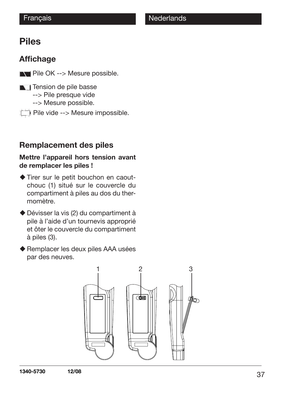 Piles, Affi chage, Remplacement des piles | Xylem TLC 730 HANDHELD INFRARED THERMOMETERS User Manual | Page 37 / 44