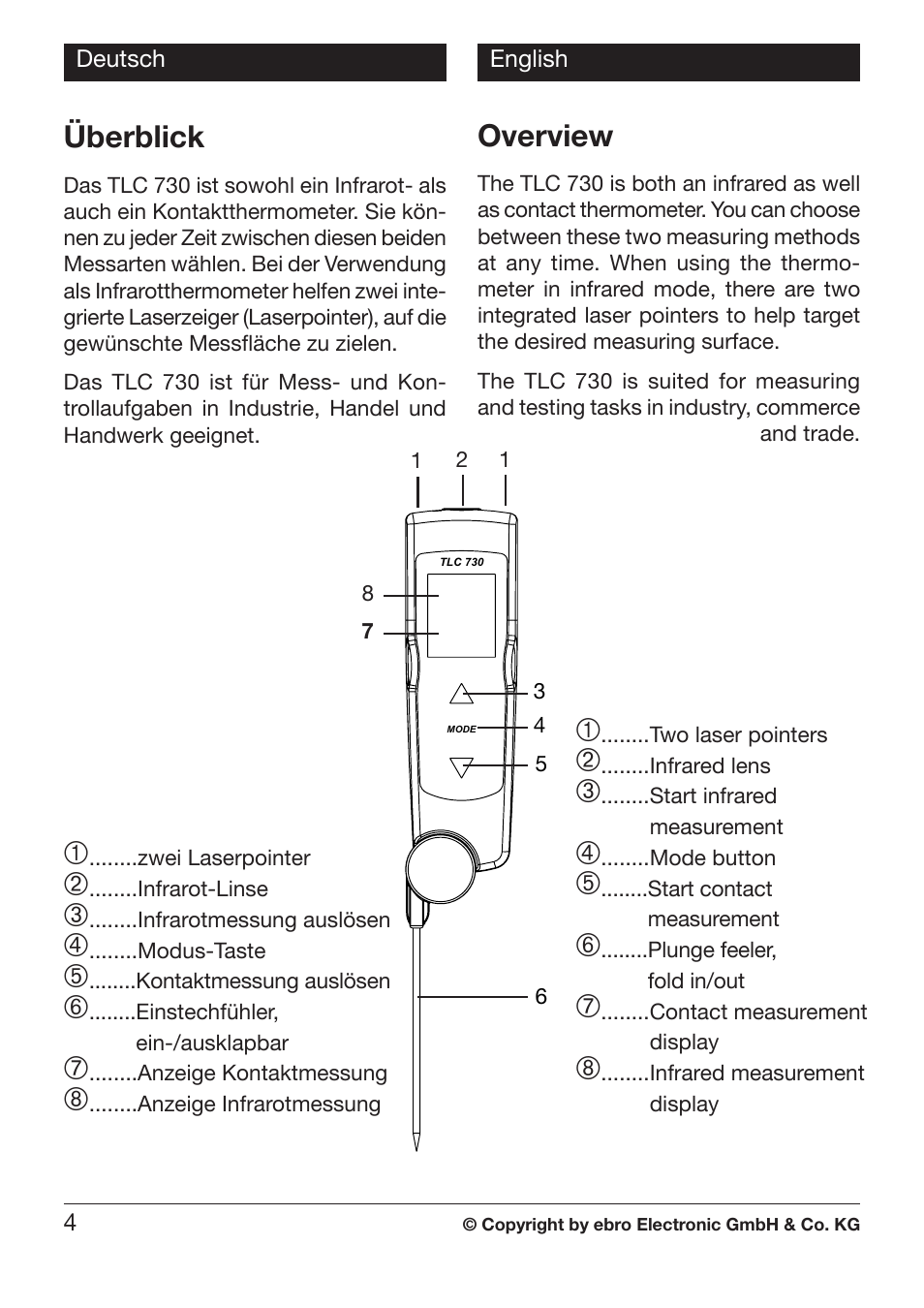 Überblick, Overview | Xylem TLC 730 HANDHELD INFRARED THERMOMETERS User Manual | Page 4 / 44