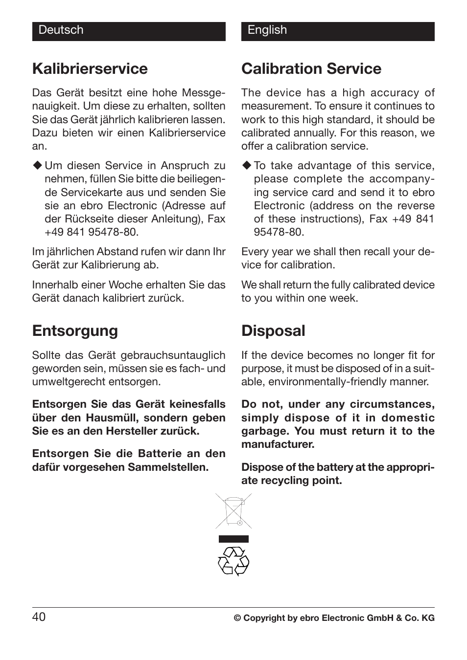 Kalibrierservice, Entsorgung, Calibration service | Disposal | Xylem TLC 730 HANDHELD INFRARED THERMOMETERS User Manual | Page 40 / 44