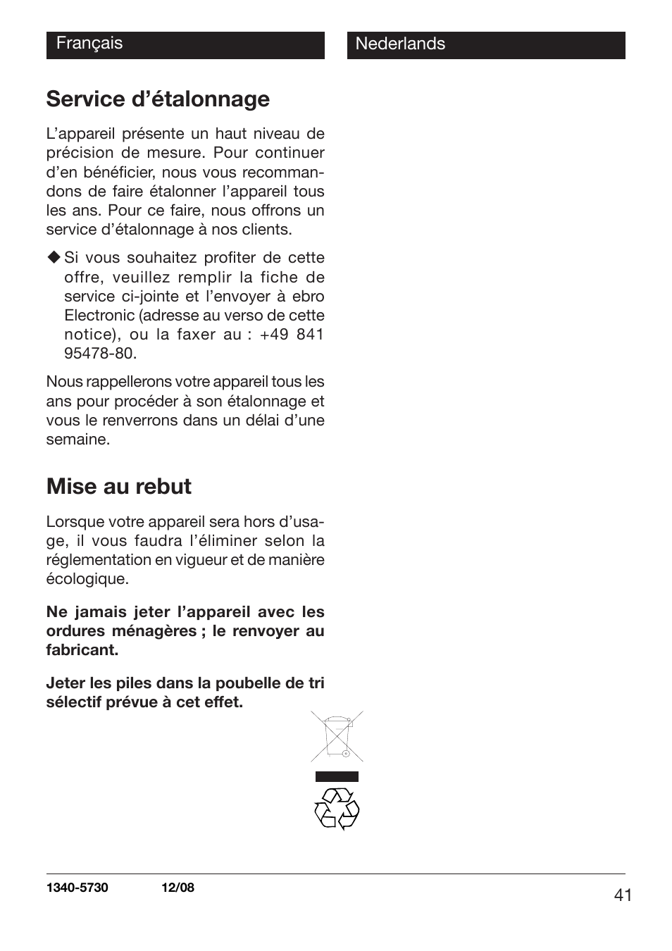 Service d’étalonnage, Mise au rebut | Xylem TLC 730 HANDHELD INFRARED THERMOMETERS User Manual | Page 41 / 44