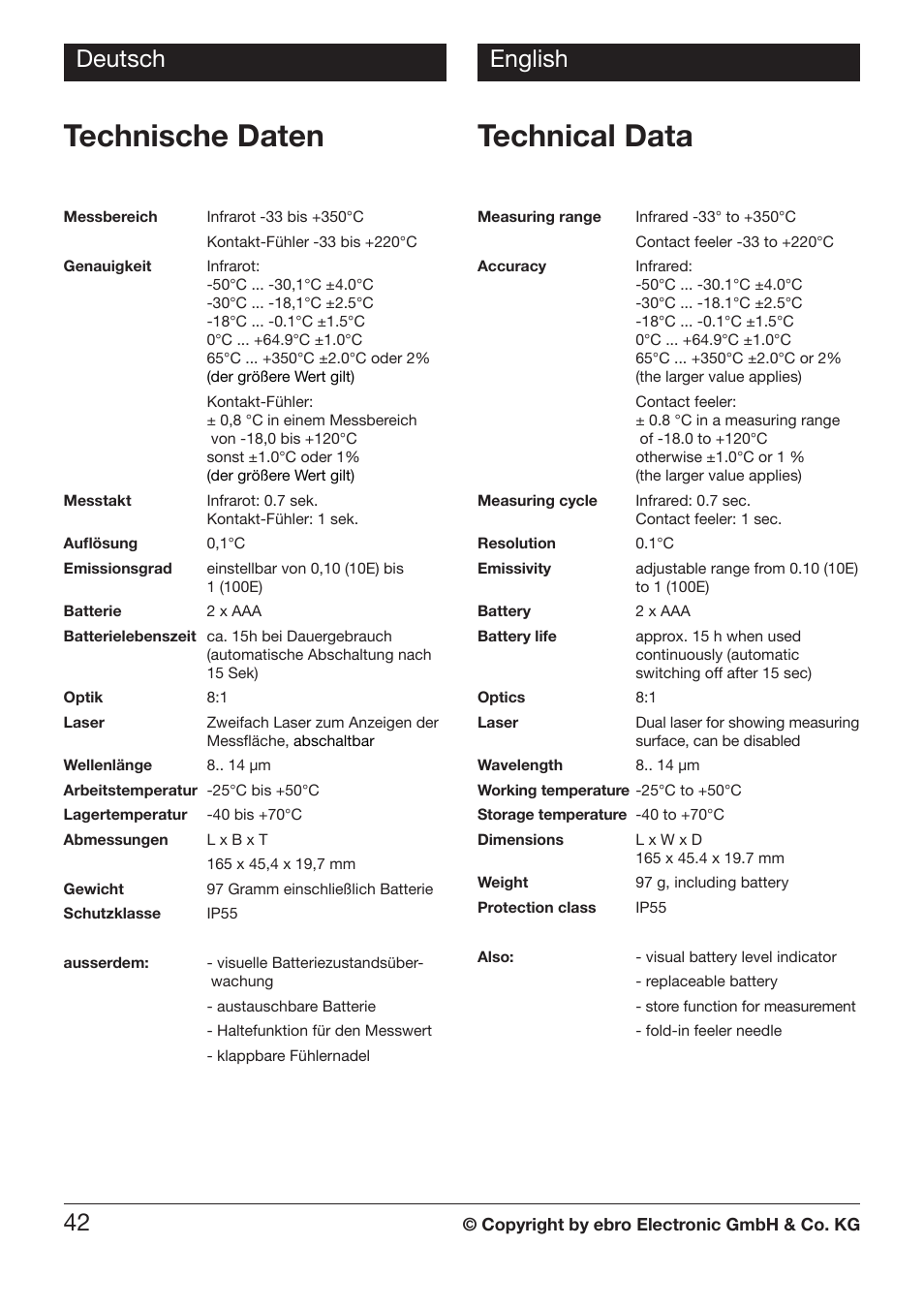Technische daten, Technical data, Deutsch english 42 | Xylem TLC 730 HANDHELD INFRARED THERMOMETERS User Manual | Page 42 / 44