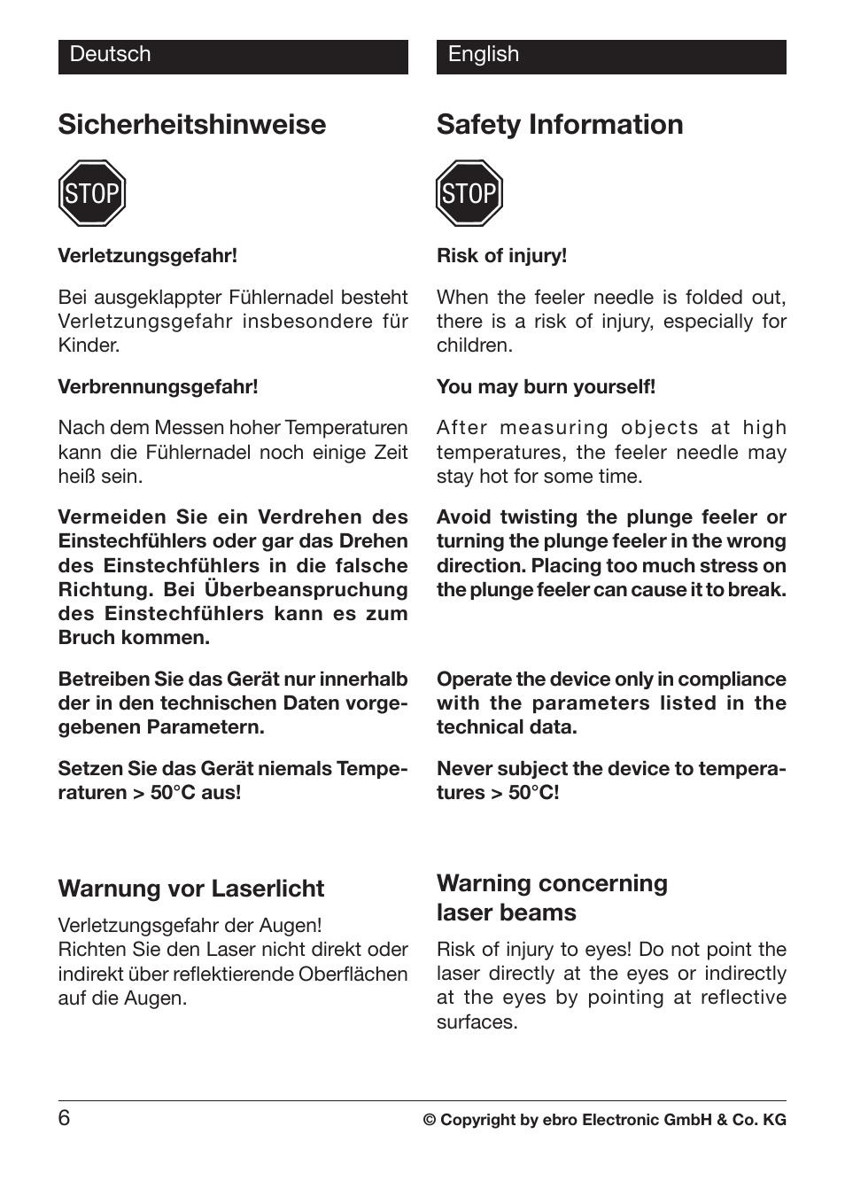 Sicherheitshinweise, Safety information, Stop | Warnung vor laserlicht, Warning concerning laser beams | Xylem TLC 730 HANDHELD INFRARED THERMOMETERS User Manual | Page 6 / 44