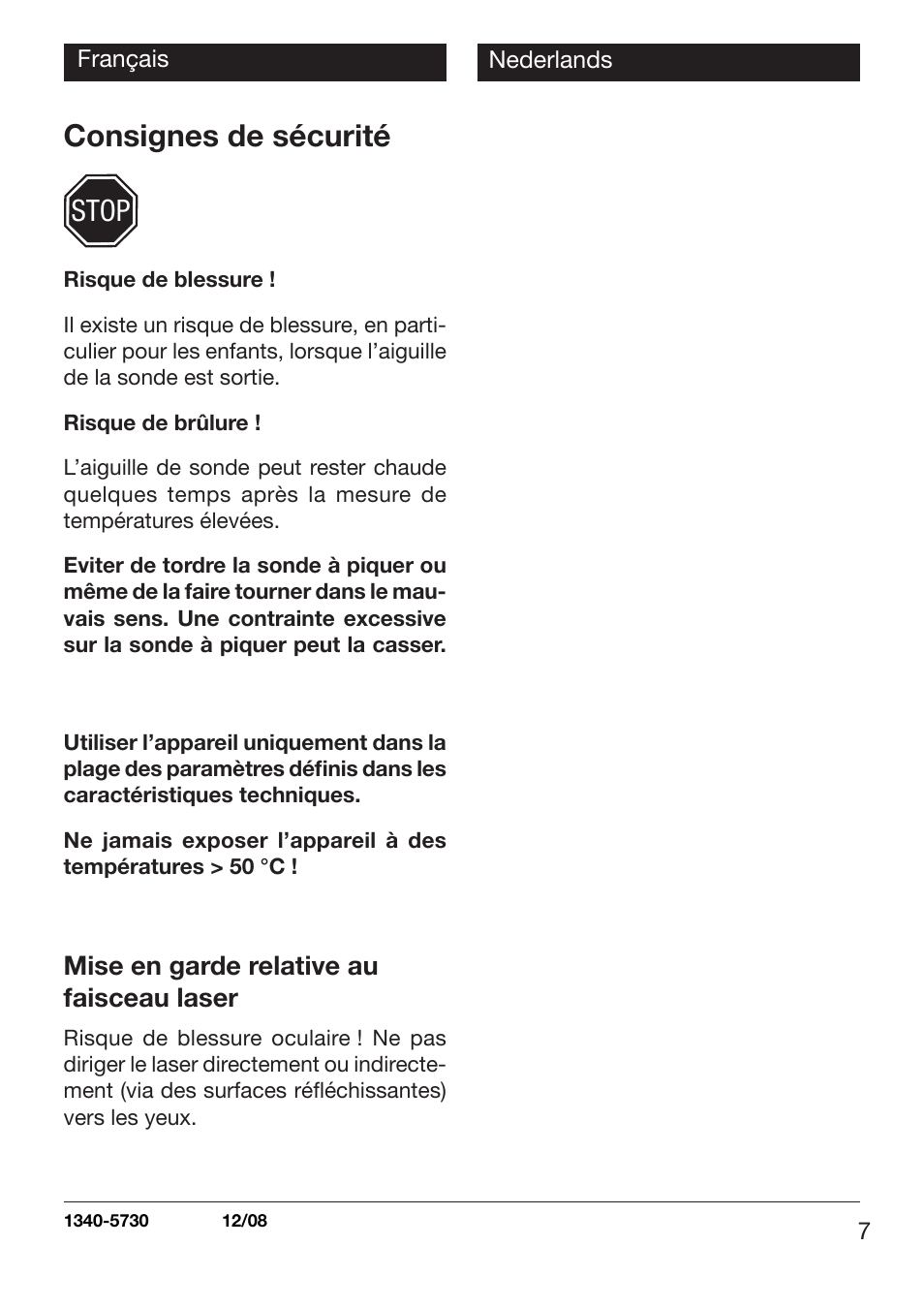 Consignes de sécurité, Stop, Mise en garde relative au faisceau laser | Xylem TLC 730 HANDHELD INFRARED THERMOMETERS User Manual | Page 7 / 44