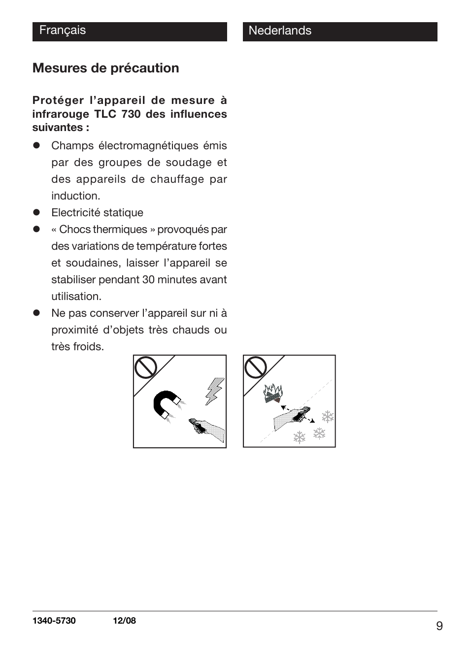 Mesures de précaution | Xylem TLC 730 HANDHELD INFRARED THERMOMETERS User Manual | Page 9 / 44