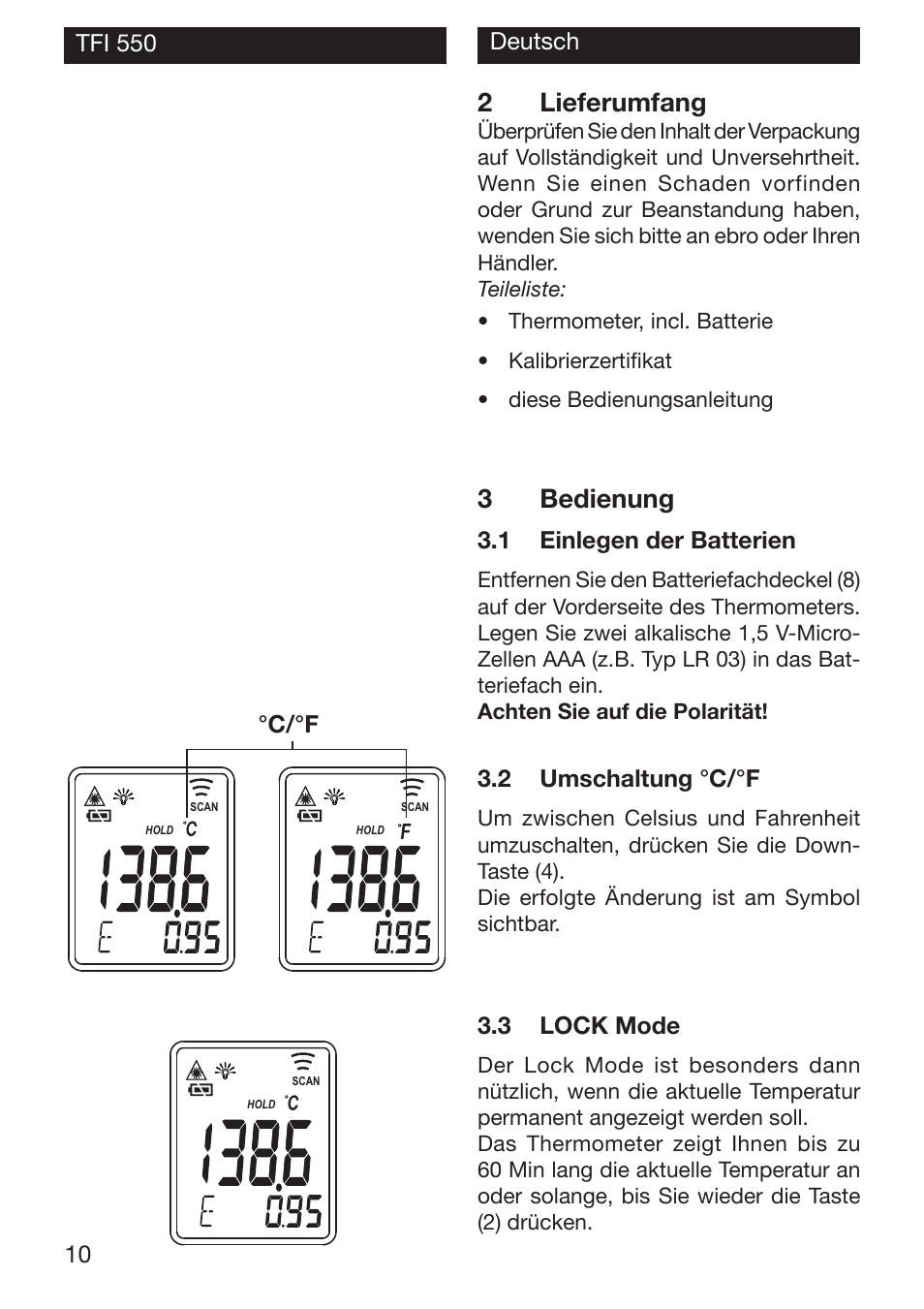 2lieferumfang, 3bedienung | Xylem TFI 550 NON-CONTACT THERMOMETERS User Manual | Page 10 / 36