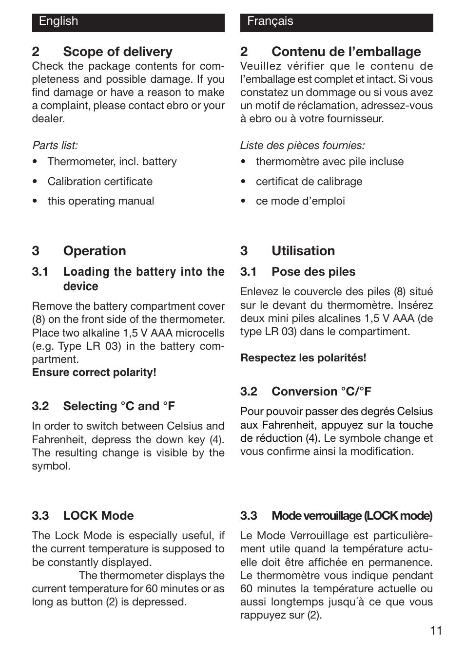 2contenu de l’emballage, 2scope of delivery, 3operation | 3utilisation | Xylem TFI 550 NON-CONTACT THERMOMETERS User Manual | Page 11 / 36