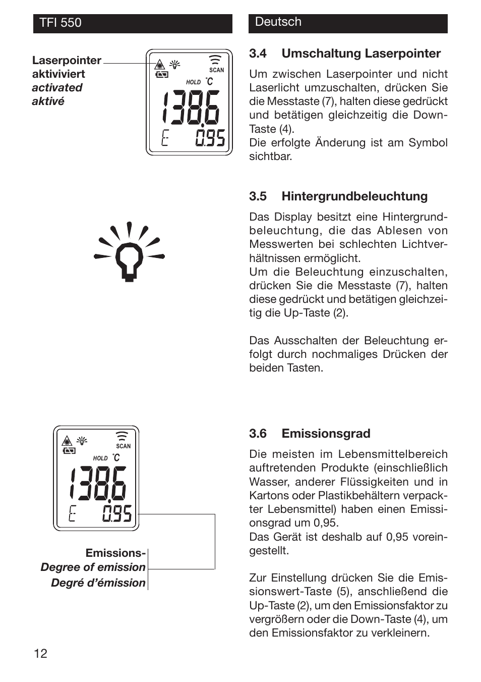 5 hintergrundbeleuchtung, 6 emissionsgrad, 4 umschaltung laserpointer | Xylem TFI 550 NON-CONTACT THERMOMETERS User Manual | Page 12 / 36