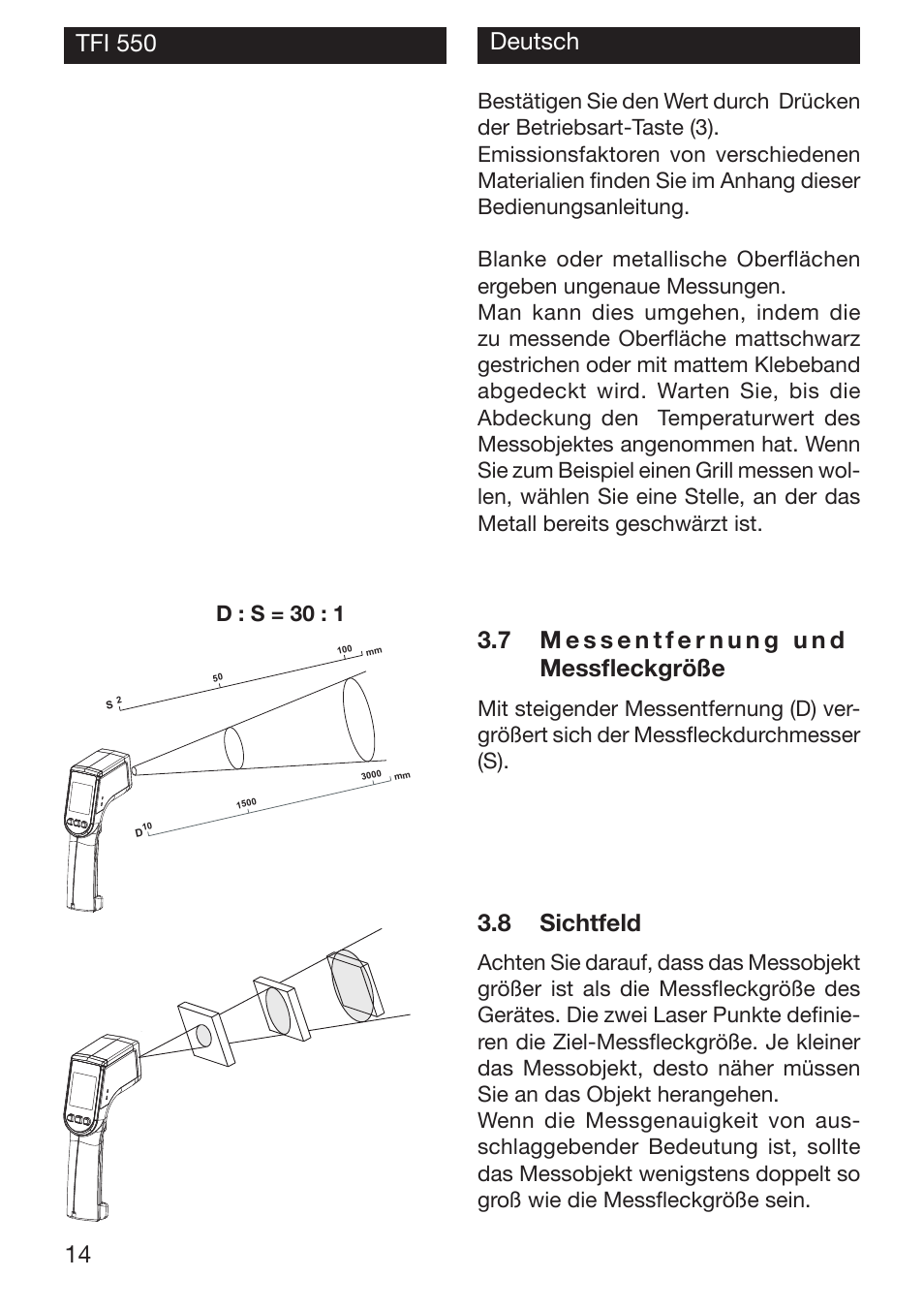 8 sichtfeld | Xylem TFI 550 NON-CONTACT THERMOMETERS User Manual | Page 14 / 36