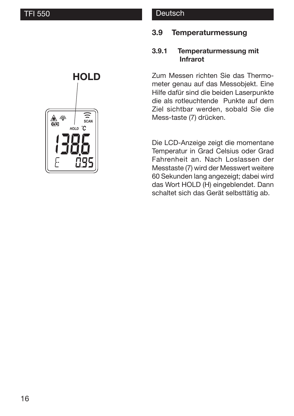 Hold | Xylem TFI 550 NON-CONTACT THERMOMETERS User Manual | Page 16 / 36