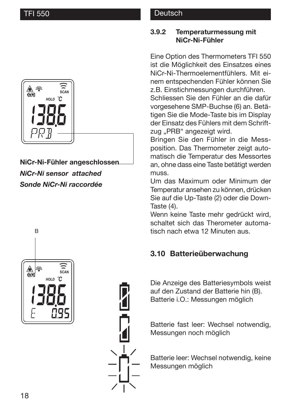 10 batterieüberwachung | Xylem TFI 550 NON-CONTACT THERMOMETERS User Manual | Page 18 / 36