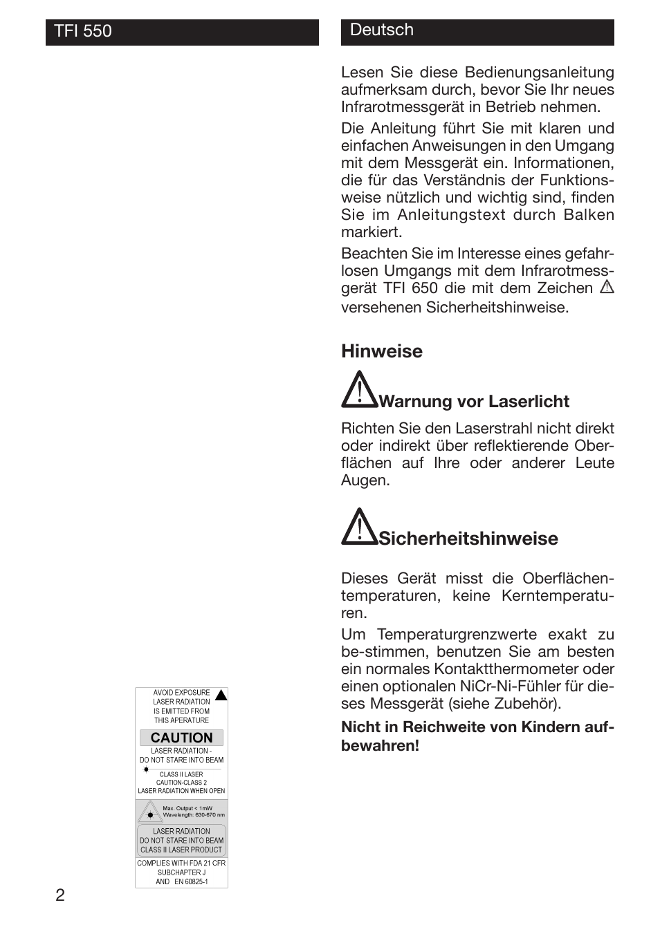 Hinweise, Sicherheitshinweise | Xylem TFI 550 NON-CONTACT THERMOMETERS User Manual | Page 2 / 36