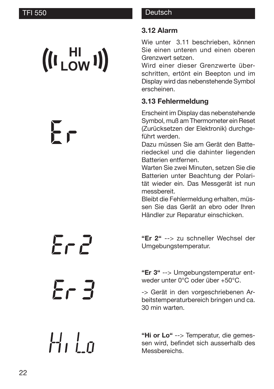 Hi low | Xylem TFI 550 NON-CONTACT THERMOMETERS User Manual | Page 22 / 36