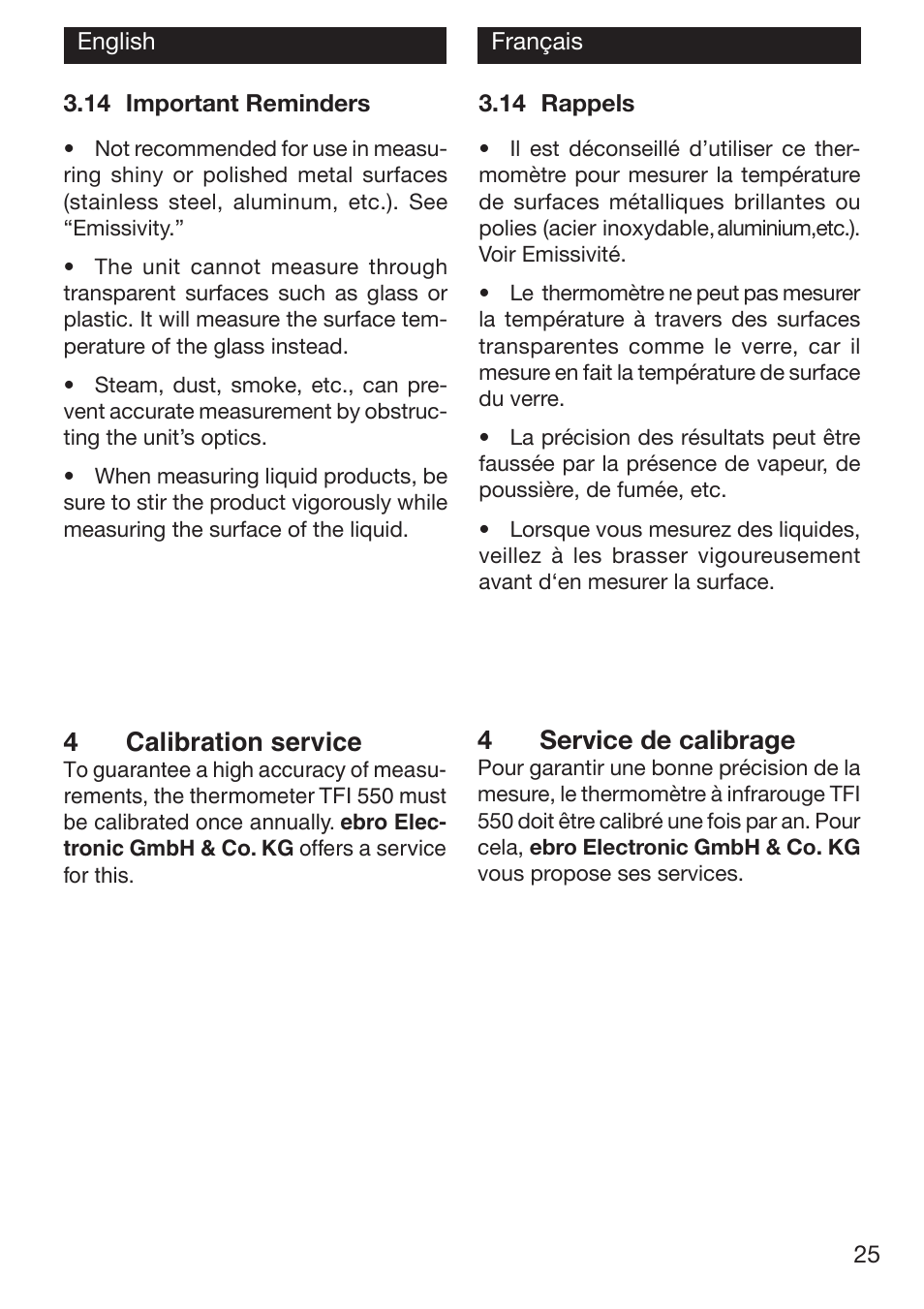 4service de calibrage, 4calibration service | Xylem TFI 550 NON-CONTACT THERMOMETERS User Manual | Page 25 / 36